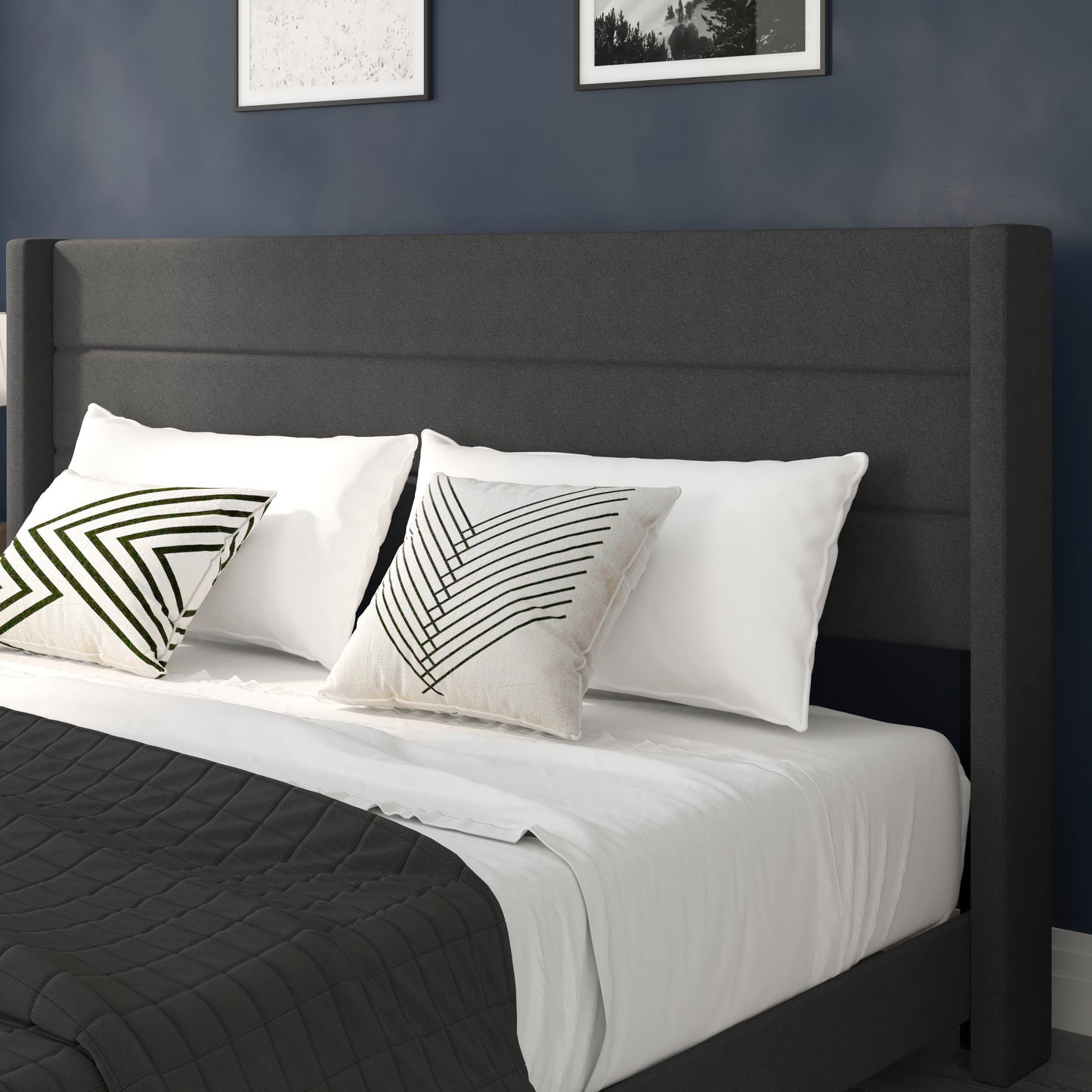 Hollis King Upholstered Platform Bed with Wingback Headboard, Mattress Foundation with Slatted Supports, No Box Spring Needed, Charcoal Faux Linen Charcoal