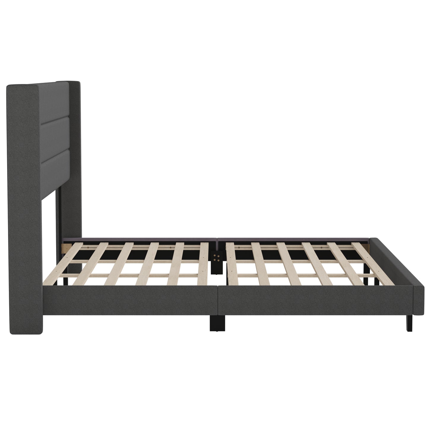 Hollis King Upholstered Platform Bed with Wingback Headboard, Mattress Foundation with Slatted Supports, No Box Spring Needed, Charcoal Faux Linen Charcoal