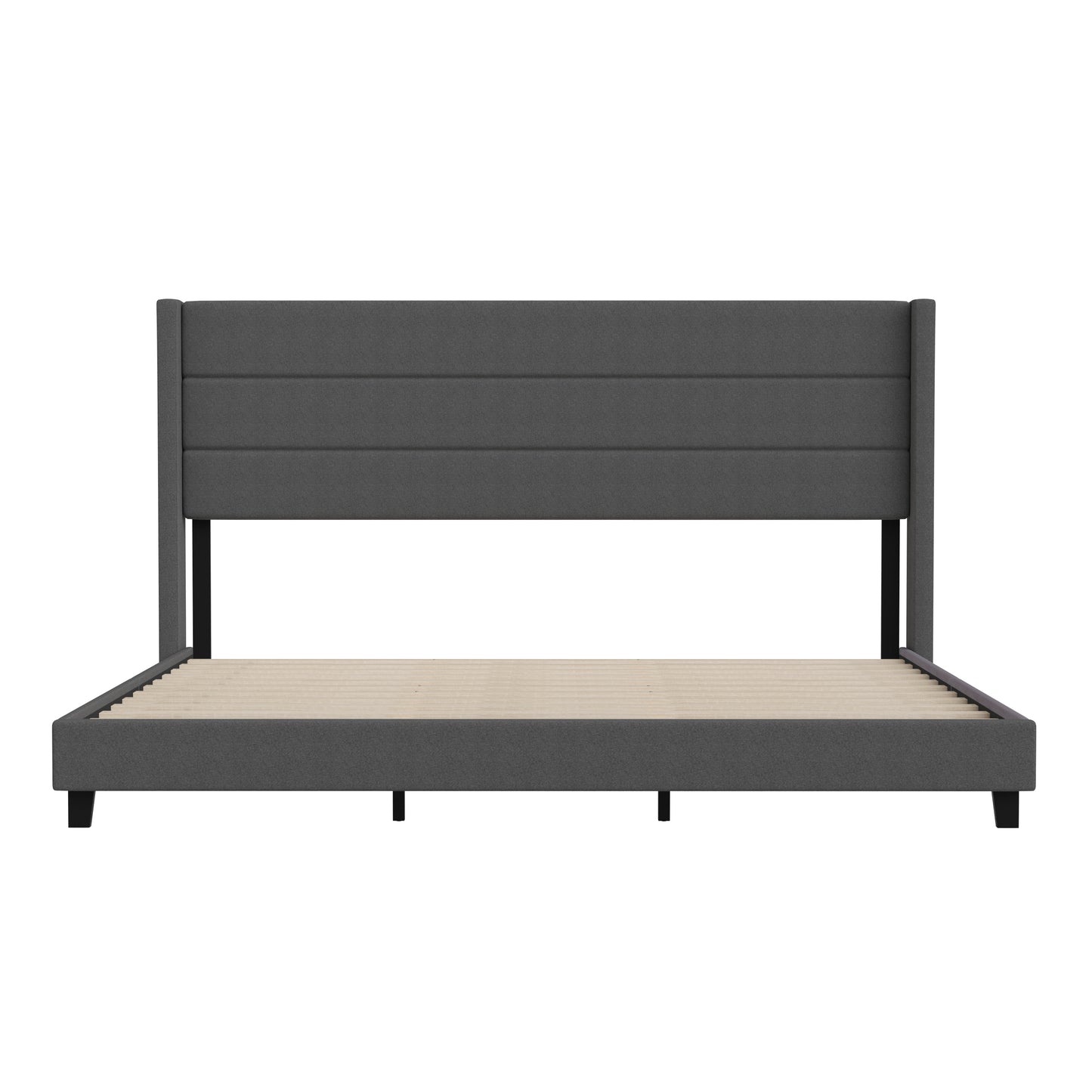 Hollis King Upholstered Platform Bed with Wingback Headboard, Mattress Foundation with Slatted Supports, No Box Spring Needed, Charcoal Faux Linen Charcoal
