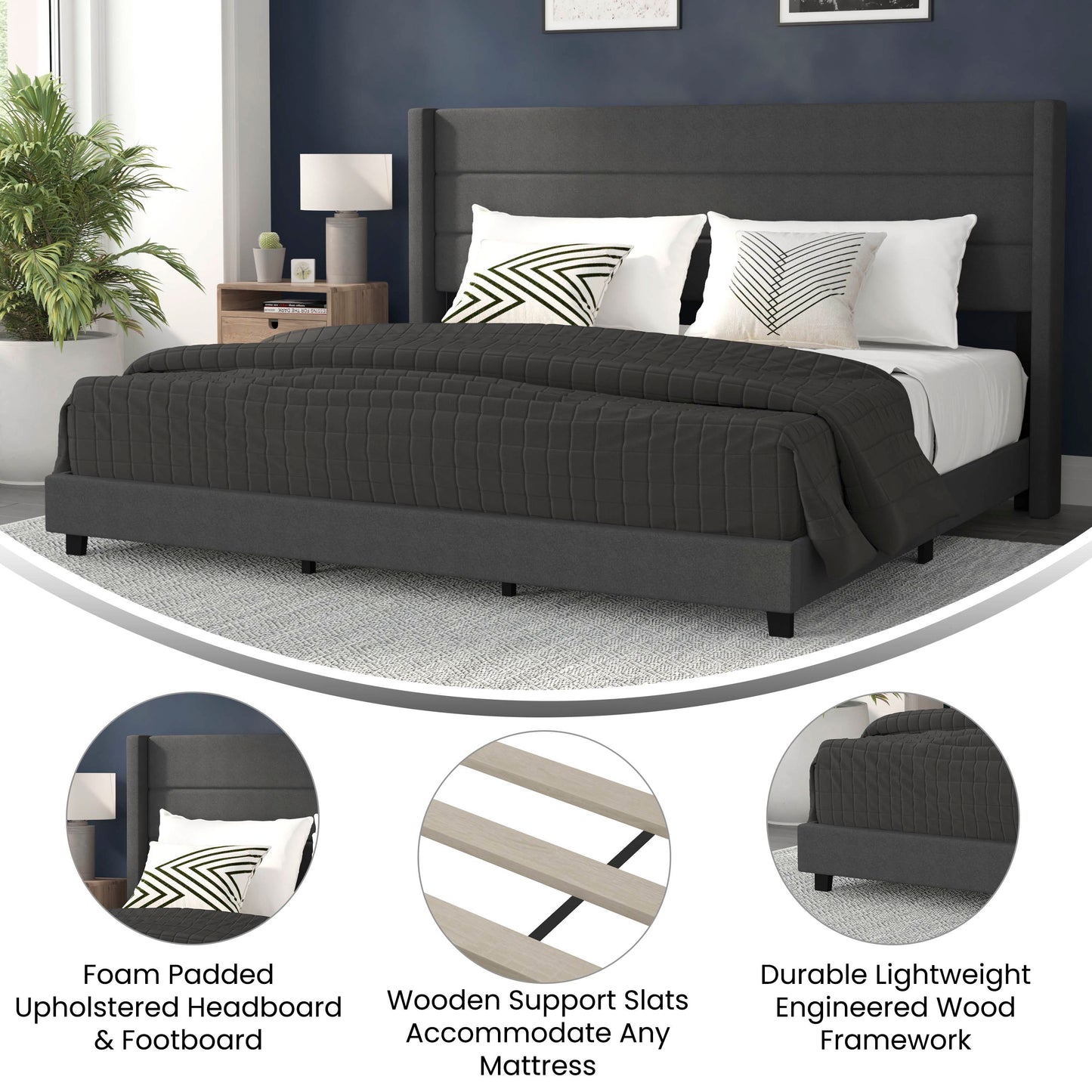 Hollis King Upholstered Platform Bed with Wingback Headboard, Mattress Foundation with Slatted Supports, No Box Spring Needed, Charcoal Faux Linen Charcoal