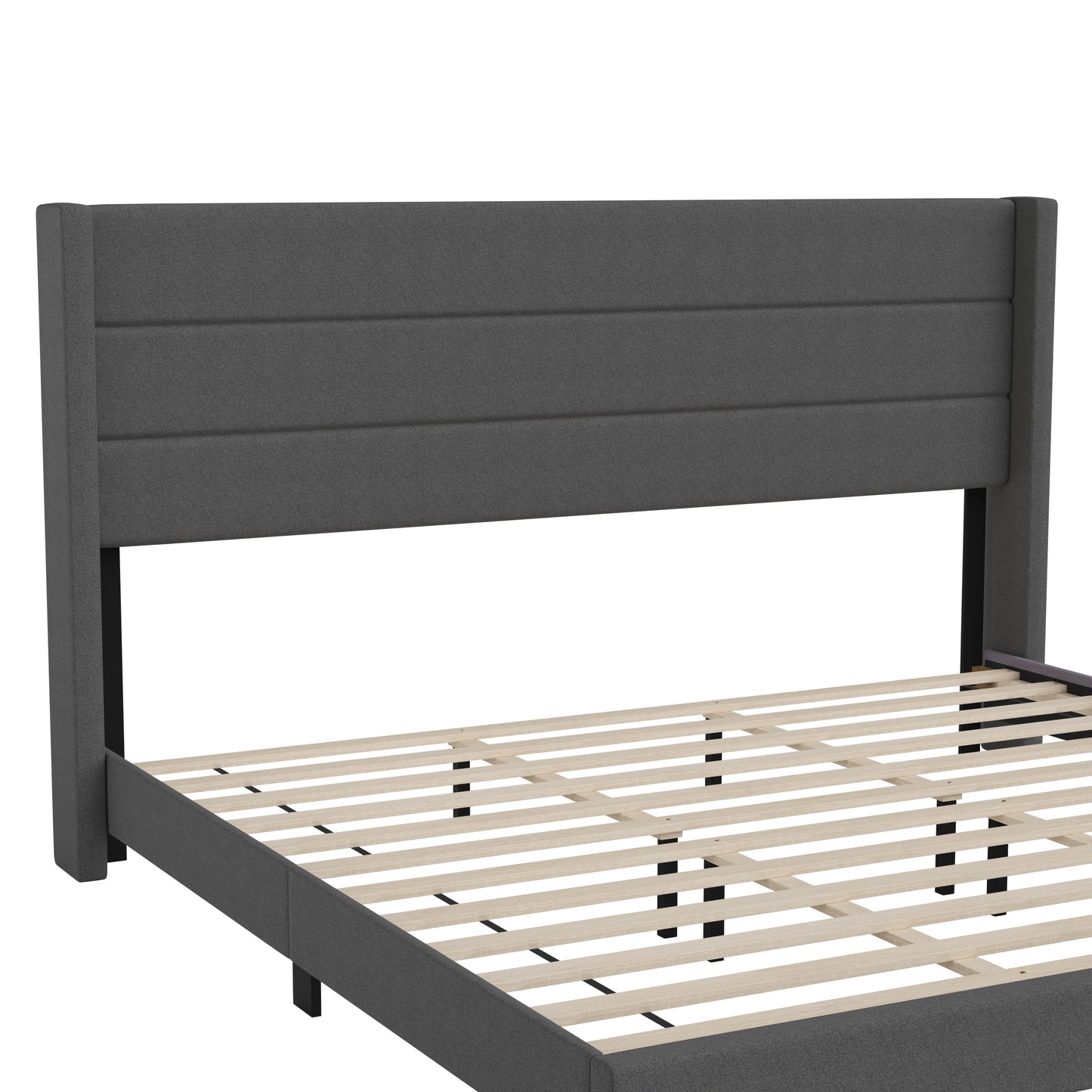Hollis King Upholstered Platform Bed with Wingback Headboard, Mattress Foundation with Slatted Supports, No Box Spring Needed, Charcoal Faux Linen Charcoal