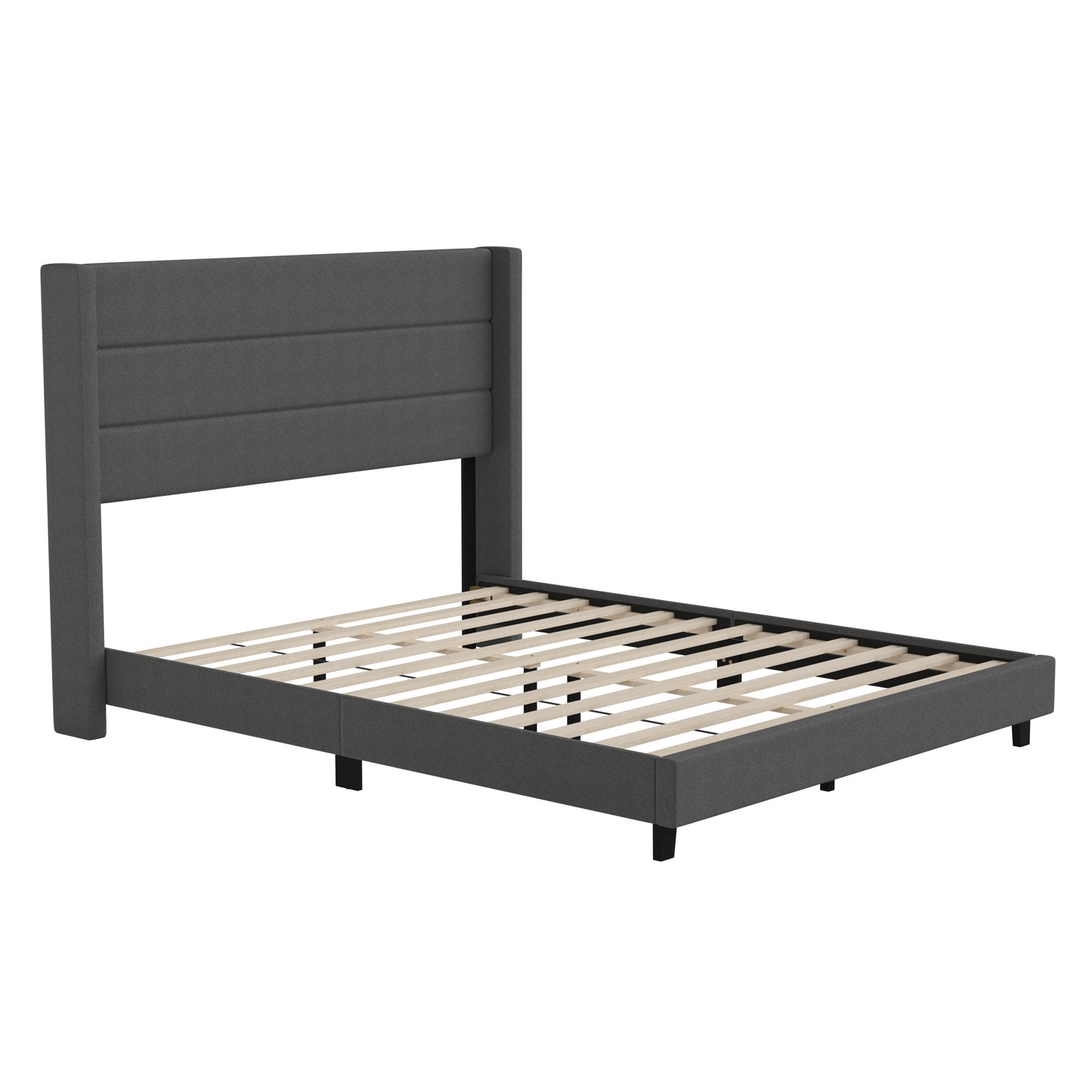 Hollis Queen Upholstered Platform Bed with Wingback Headboard, Mattress Foundation with Slatted Supports, No Box Spring Needed, Charcoal Faux Linen Charcoal