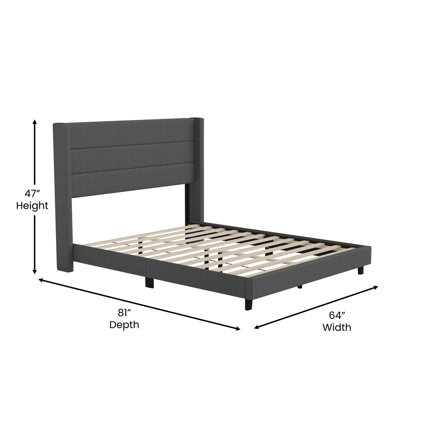 Hollis Queen Upholstered Platform Bed with Wingback Headboard, Mattress Foundation with Slatted Supports, No Box Spring Needed, Charcoal Faux Linen Charcoal