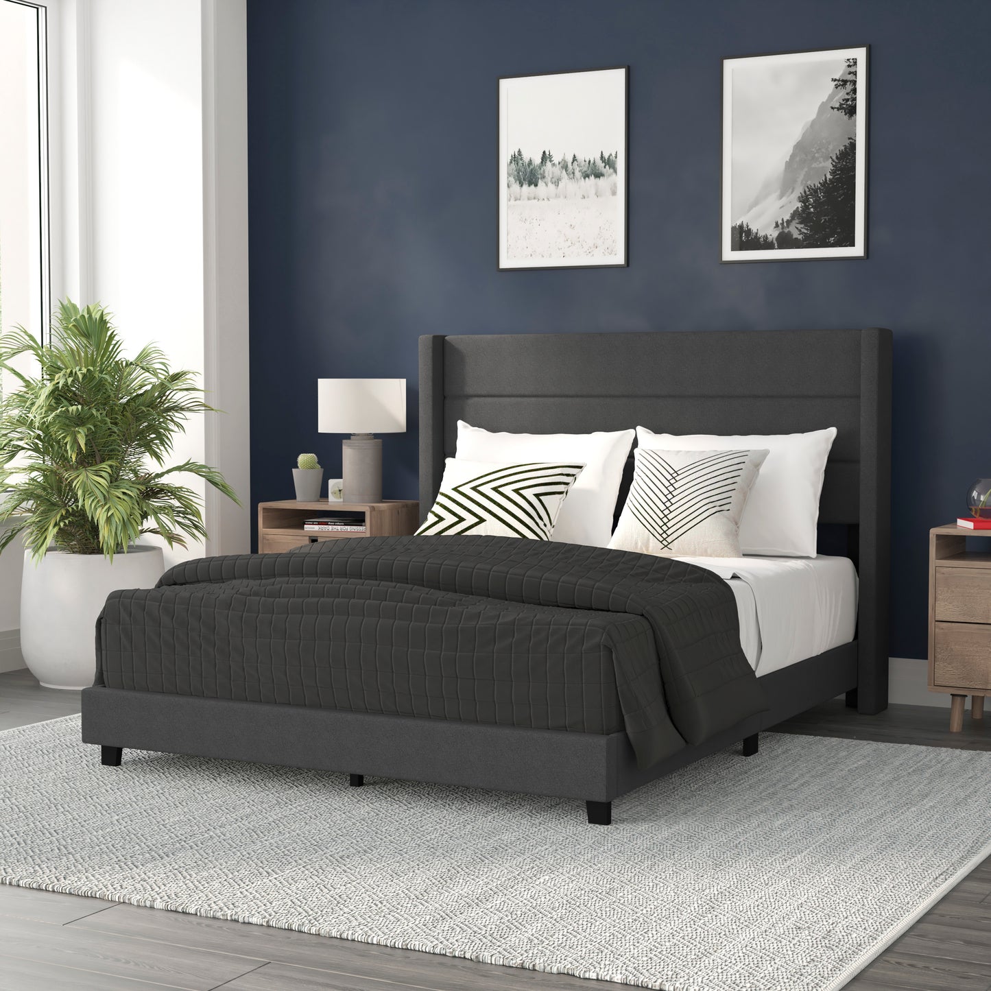 Hollis Queen Upholstered Platform Bed with Wingback Headboard, Mattress Foundation with Slatted Supports, No Box Spring Needed, Charcoal Faux Linen Charcoal