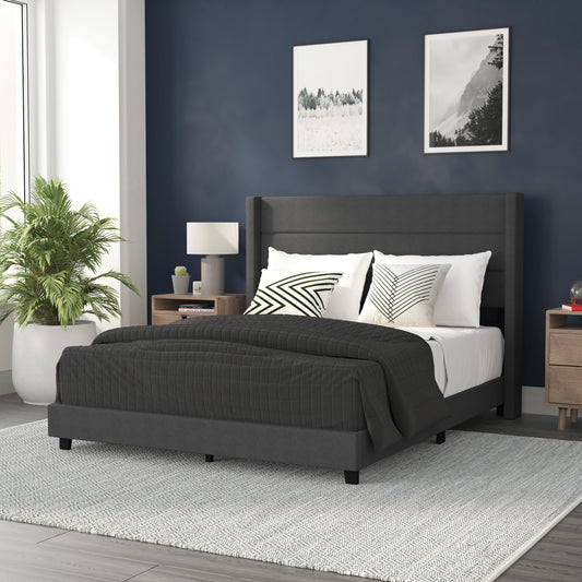 Hollis Queen Upholstered Platform Bed with Wingback Headboard, Mattress Foundation with Slatted Supports, No Box Spring Needed, Charcoal Faux Linen Charcoal