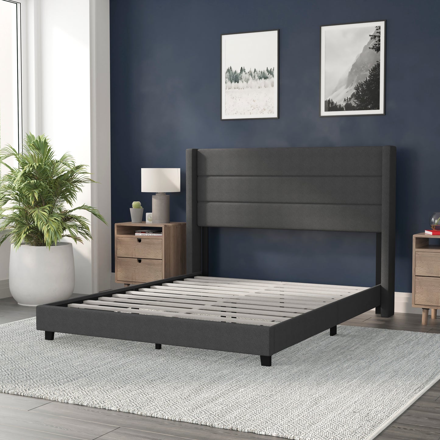 Hollis Queen Upholstered Platform Bed with Wingback Headboard, Mattress Foundation with Slatted Supports, No Box Spring Needed, Charcoal Faux Linen Charcoal