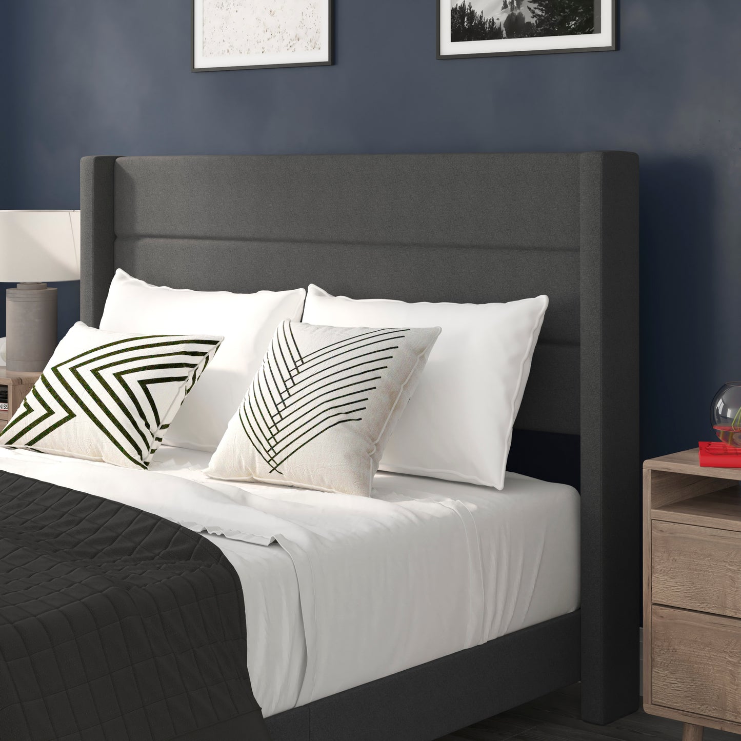 Hollis Queen Upholstered Platform Bed with Wingback Headboard, Mattress Foundation with Slatted Supports, No Box Spring Needed, Charcoal Faux Linen Charcoal