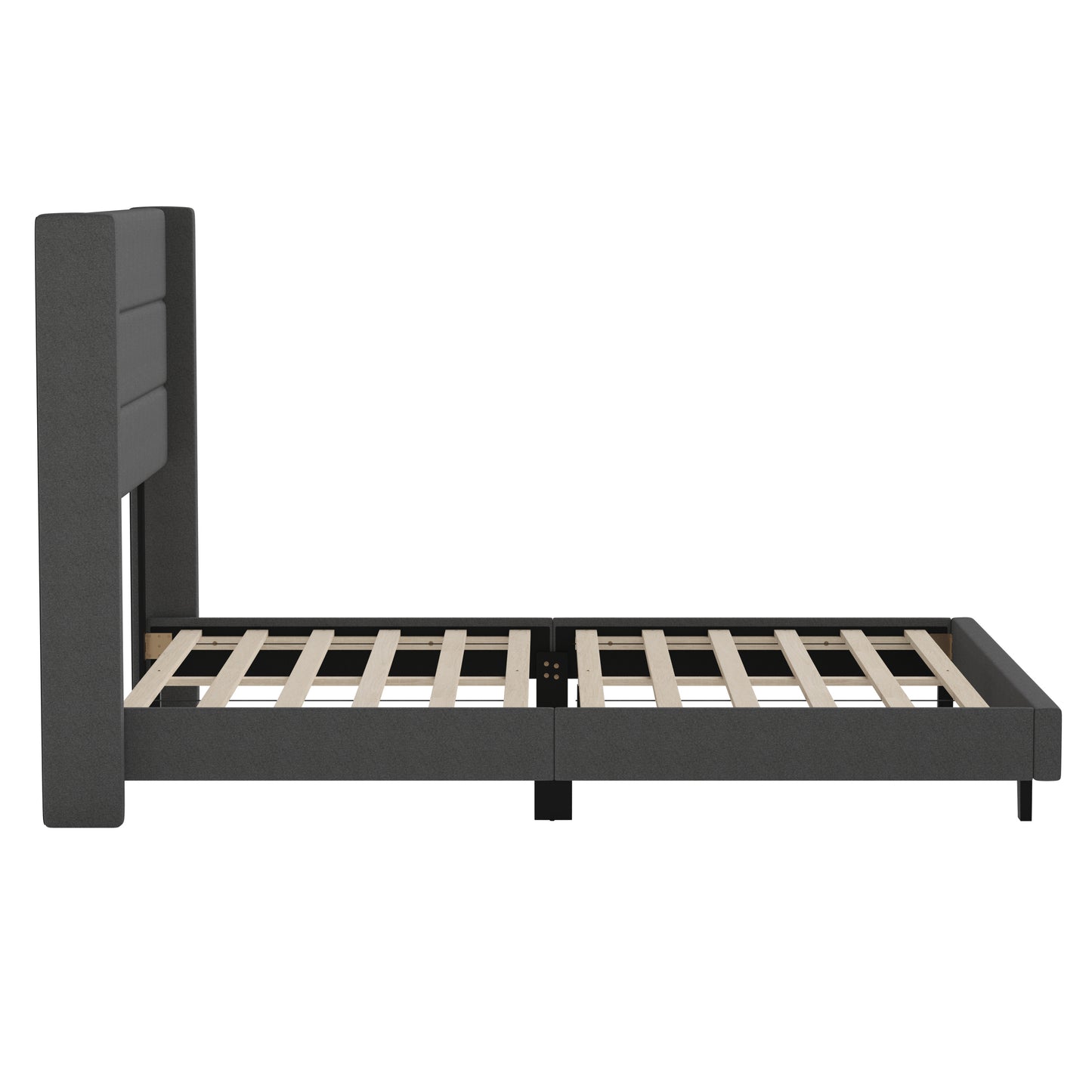 Hollis Queen Upholstered Platform Bed with Wingback Headboard, Mattress Foundation with Slatted Supports, No Box Spring Needed, Charcoal Faux Linen Charcoal