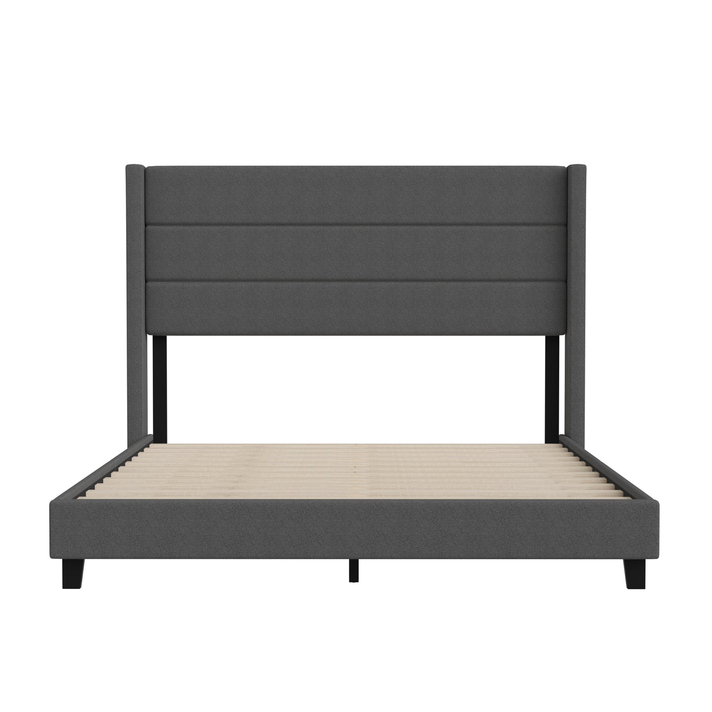 Hollis Queen Upholstered Platform Bed with Wingback Headboard, Mattress Foundation with Slatted Supports, No Box Spring Needed, Charcoal Faux Linen Charcoal