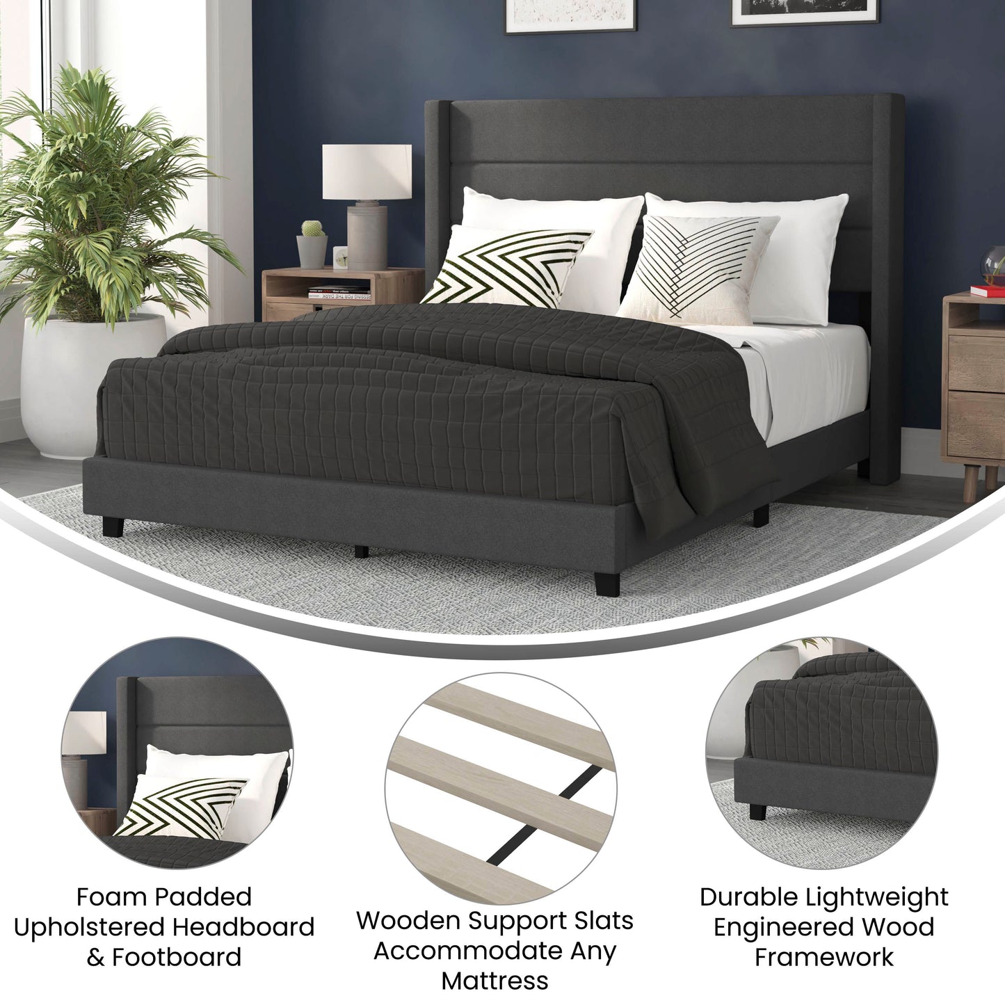 Hollis Queen Upholstered Platform Bed with Wingback Headboard, Mattress Foundation with Slatted Supports, No Box Spring Needed, Charcoal Faux Linen Charcoal