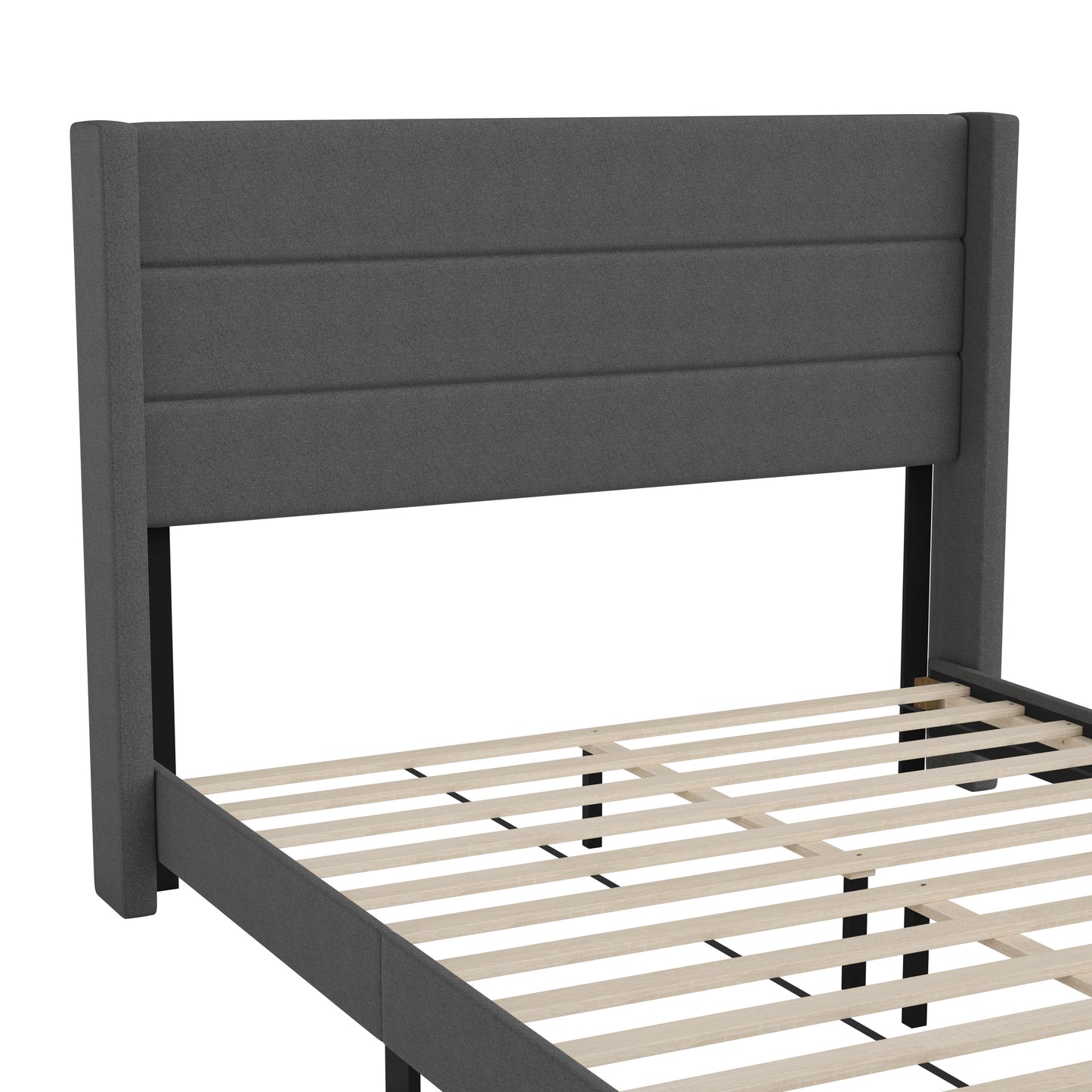 Hollis Queen Upholstered Platform Bed with Wingback Headboard, Mattress Foundation with Slatted Supports, No Box Spring Needed, Charcoal Faux Linen Charcoal