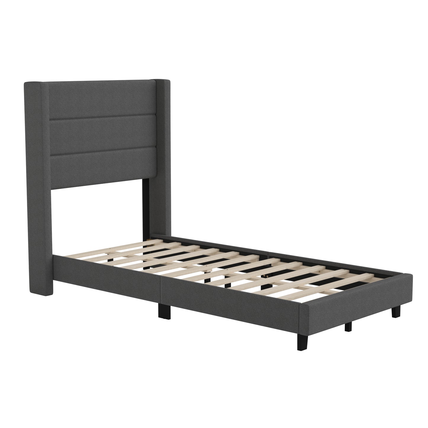 Hollis Twin Upholstered Platform Bed with Wingback Headboard, Mattress Foundation with Slatted Supports, No Box Spring Needed, Charcoal Faux Linen Charcoal