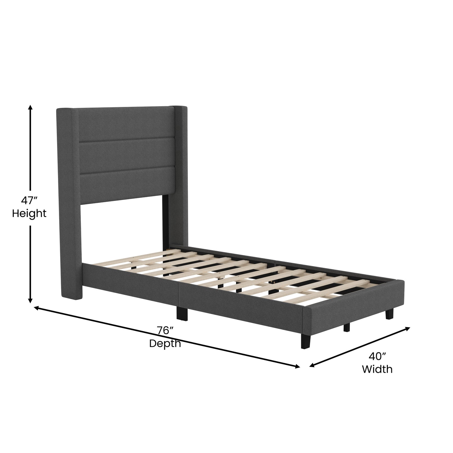 Hollis Twin Upholstered Platform Bed with Wingback Headboard, Mattress Foundation with Slatted Supports, No Box Spring Needed, Charcoal Faux Linen Charcoal