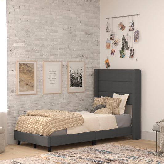 Hollis Twin Upholstered Platform Bed with Wingback Headboard, Mattress Foundation with Slatted Supports, No Box Spring Needed, Charcoal Faux Linen Charcoal