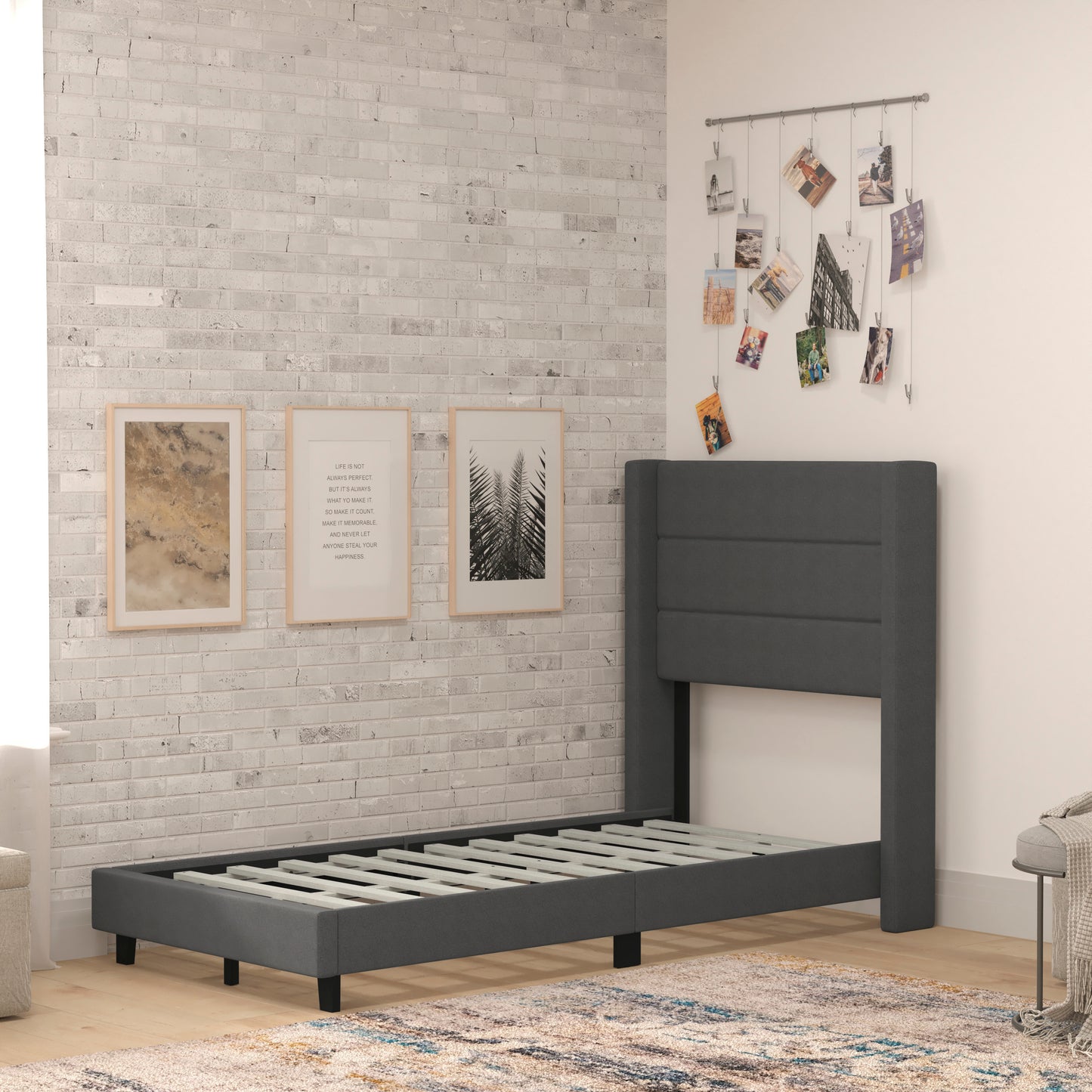 Hollis Twin Upholstered Platform Bed with Wingback Headboard, Mattress Foundation with Slatted Supports, No Box Spring Needed, Charcoal Faux Linen Charcoal