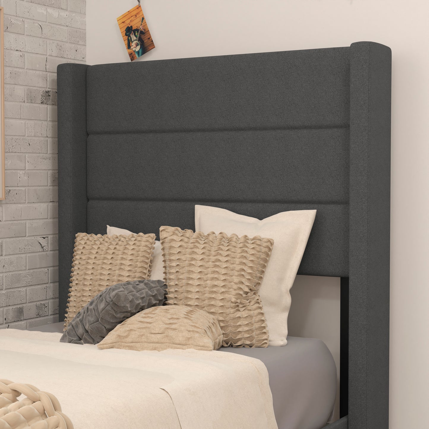 Hollis Twin Upholstered Platform Bed with Wingback Headboard, Mattress Foundation with Slatted Supports, No Box Spring Needed, Charcoal Faux Linen Charcoal