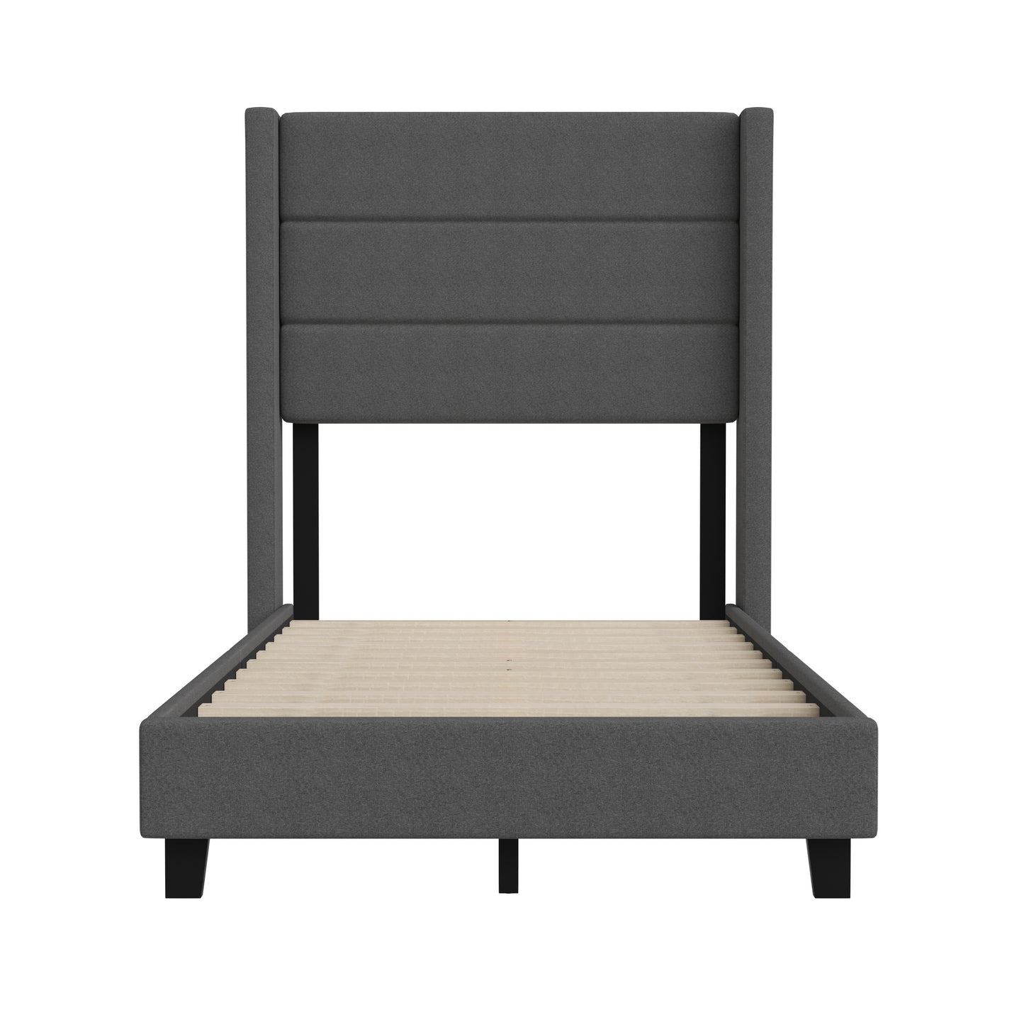 Hollis Twin Upholstered Platform Bed with Wingback Headboard, Mattress Foundation with Slatted Supports, No Box Spring Needed, Charcoal Faux Linen Charcoal