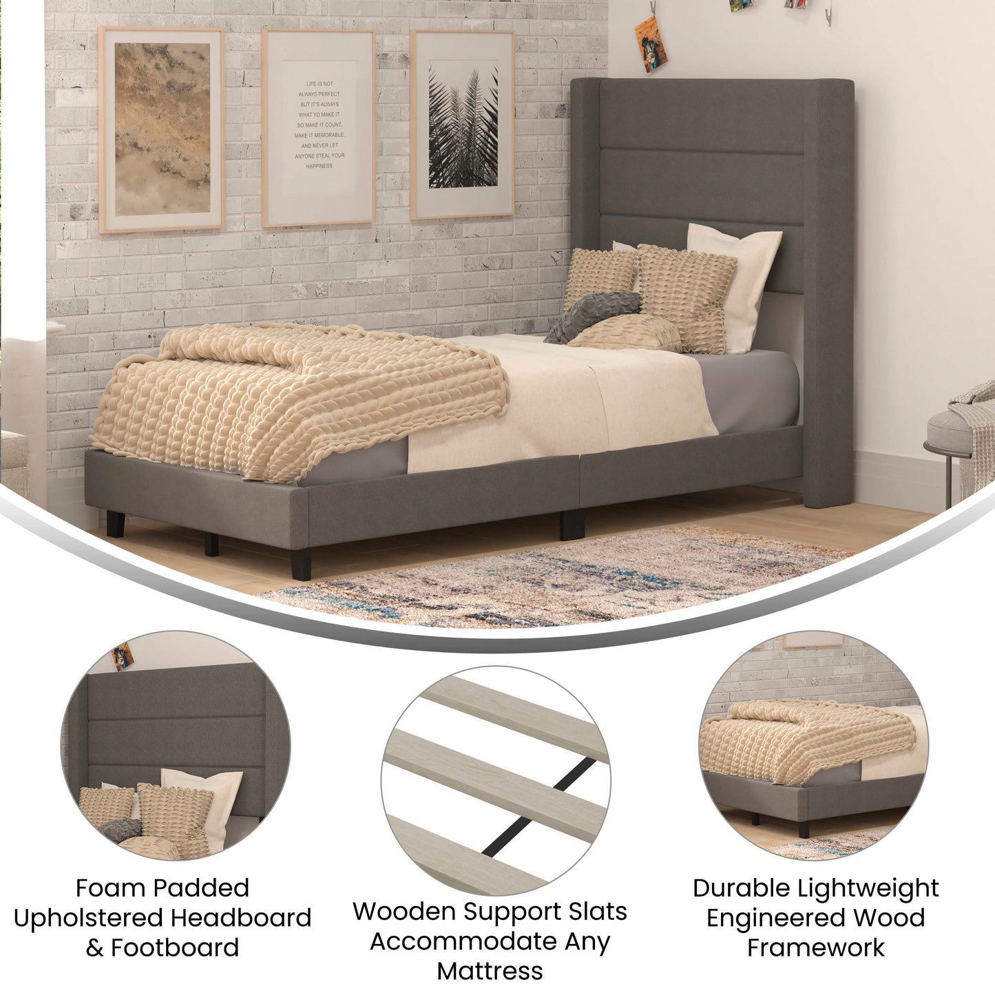 Hollis Twin Upholstered Platform Bed with Wingback Headboard, Mattress Foundation with Slatted Supports, No Box Spring Needed, Charcoal Faux Linen Charcoal