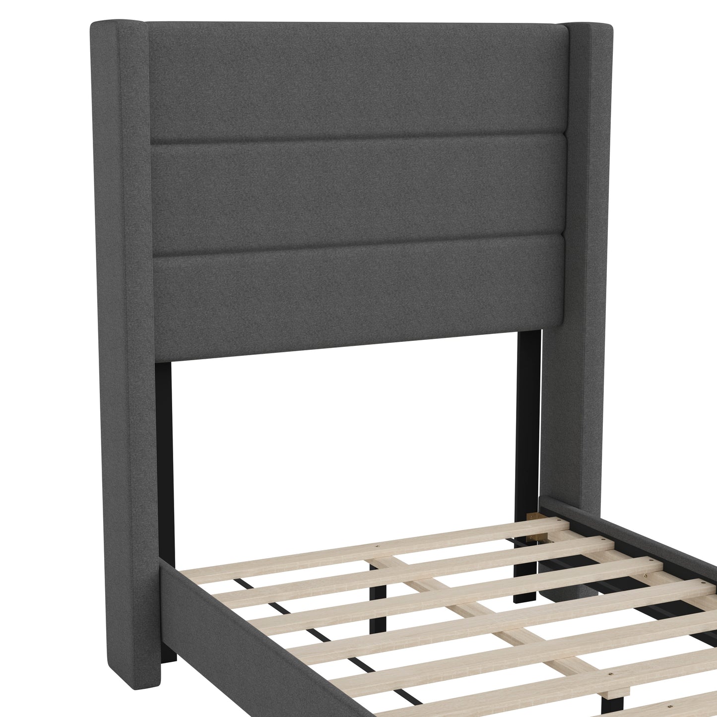 Hollis Twin Upholstered Platform Bed with Wingback Headboard, Mattress Foundation with Slatted Supports, No Box Spring Needed, Charcoal Faux Linen Charcoal