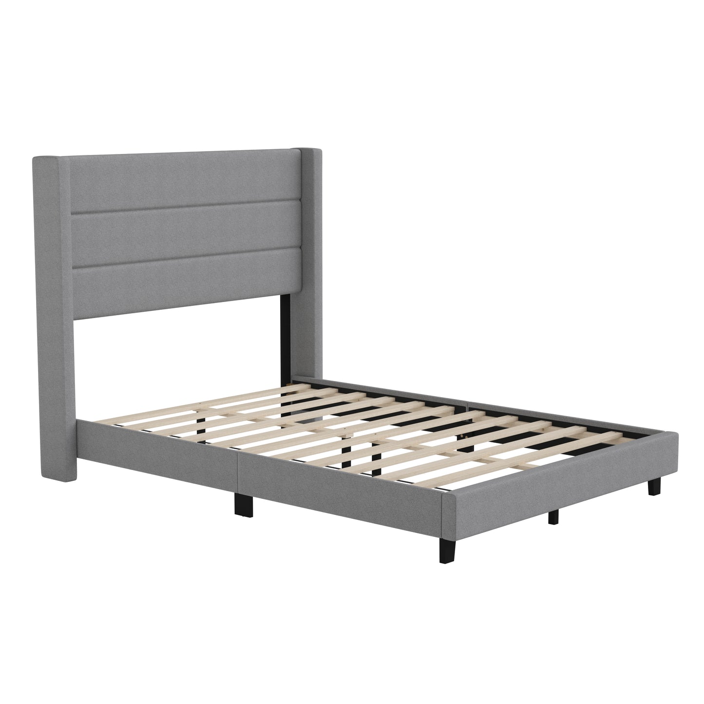 Hollis Full Upholstered Platform Bed with Wingback Headboard, Mattress Foundation with Slatted Supports, No Box Spring Needed, Gray Faux Linen Gray