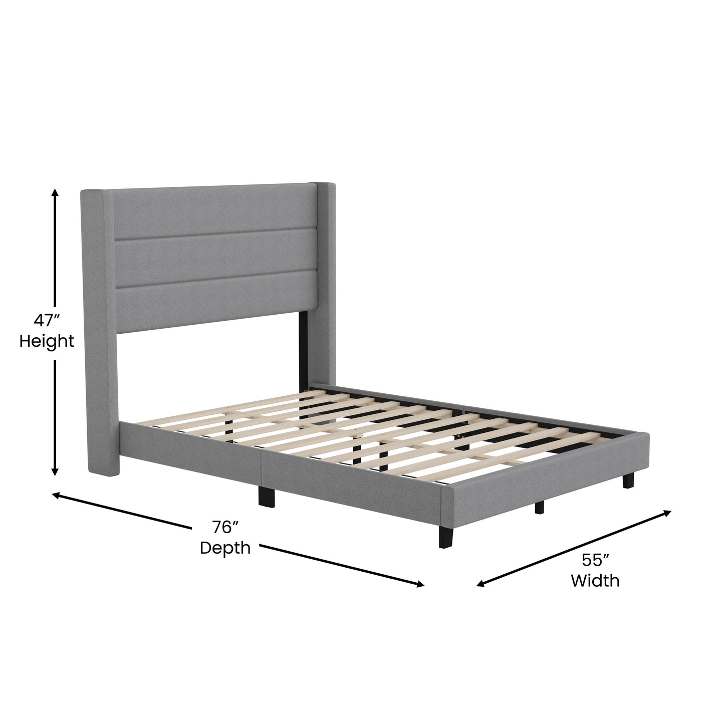 Hollis Full Upholstered Platform Bed with Wingback Headboard, Mattress Foundation with Slatted Supports, No Box Spring Needed, Gray Faux Linen Gray