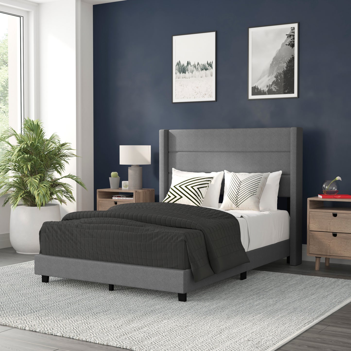 Hollis Full Upholstered Platform Bed with Wingback Headboard, Mattress Foundation with Slatted Supports, No Box Spring Needed, Gray Faux Linen Gray