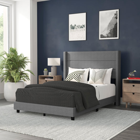 Hollis Full Upholstered Platform Bed with Wingback Headboard, Mattress Foundation with Slatted Supports, No Box Spring Needed, Gray Faux Linen Gray