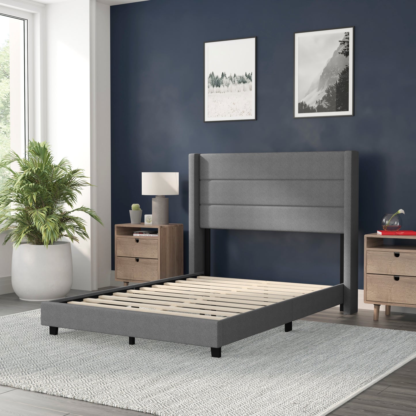 Hollis Full Upholstered Platform Bed with Wingback Headboard, Mattress Foundation with Slatted Supports, No Box Spring Needed, Gray Faux Linen Gray