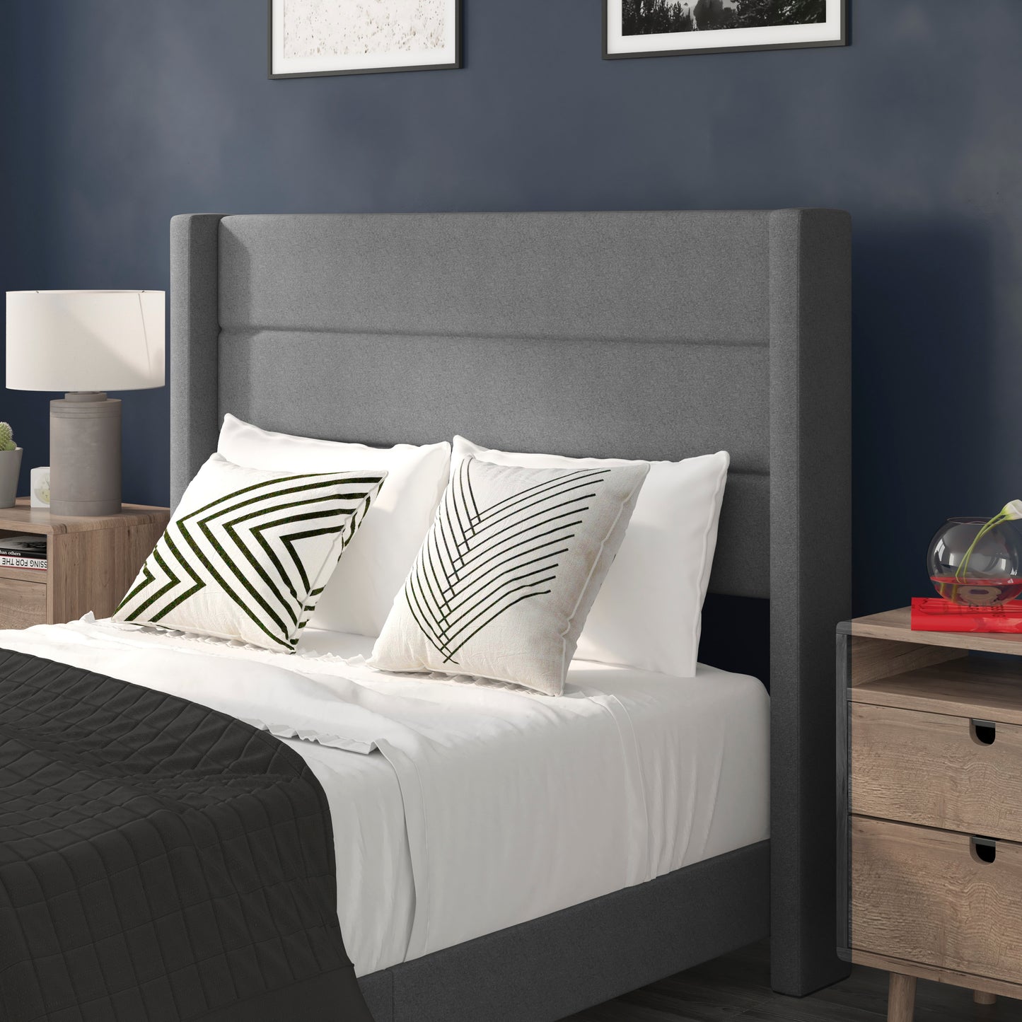 Hollis Full Upholstered Platform Bed with Wingback Headboard, Mattress Foundation with Slatted Supports, No Box Spring Needed, Gray Faux Linen Gray