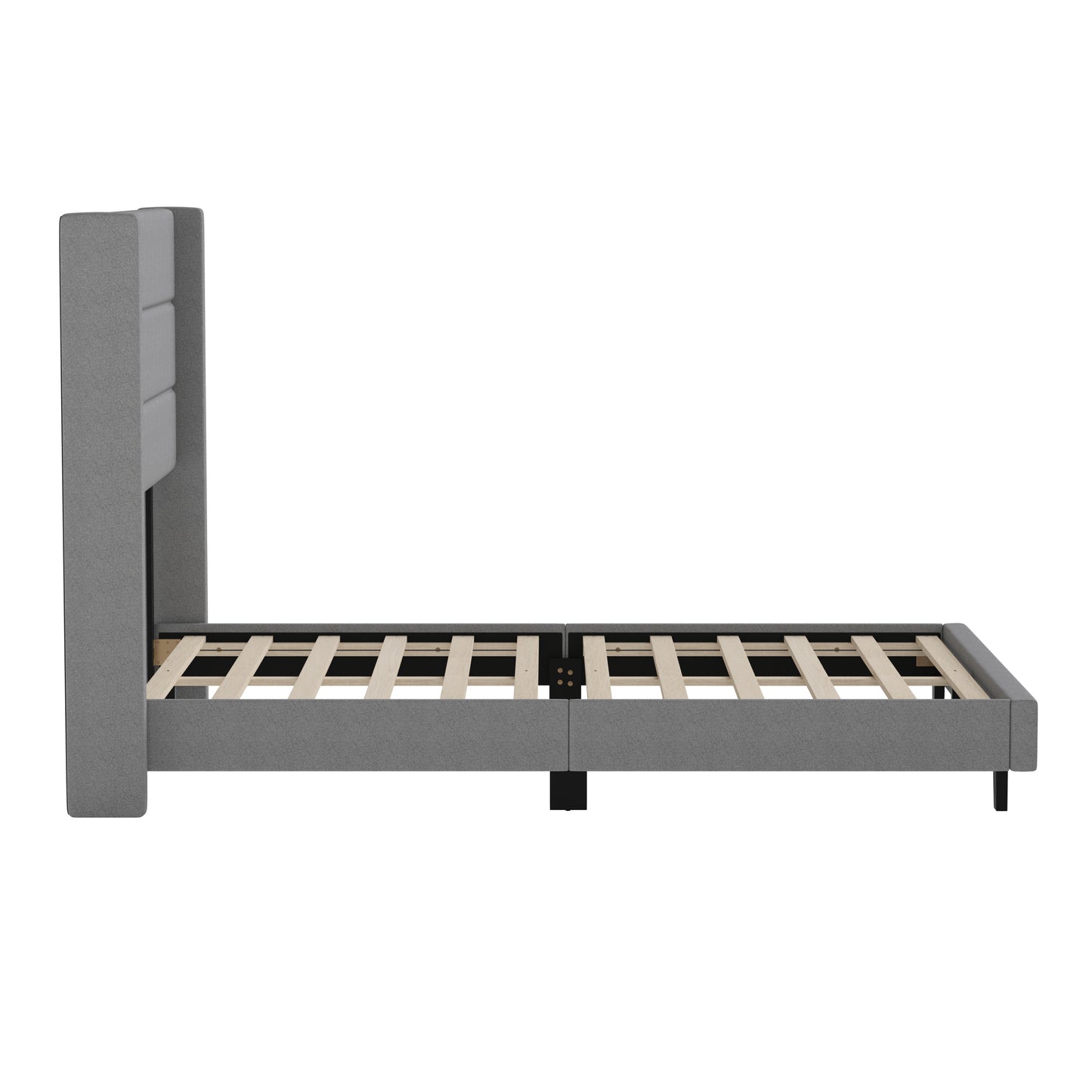 Hollis Full Upholstered Platform Bed with Wingback Headboard, Mattress Foundation with Slatted Supports, No Box Spring Needed, Gray Faux Linen Gray