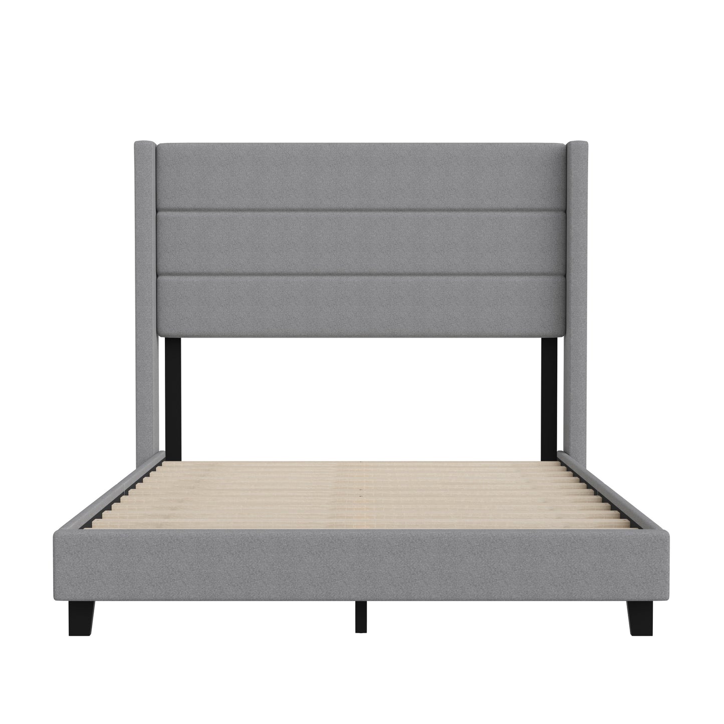 Hollis Full Upholstered Platform Bed with Wingback Headboard, Mattress Foundation with Slatted Supports, No Box Spring Needed, Gray Faux Linen Gray