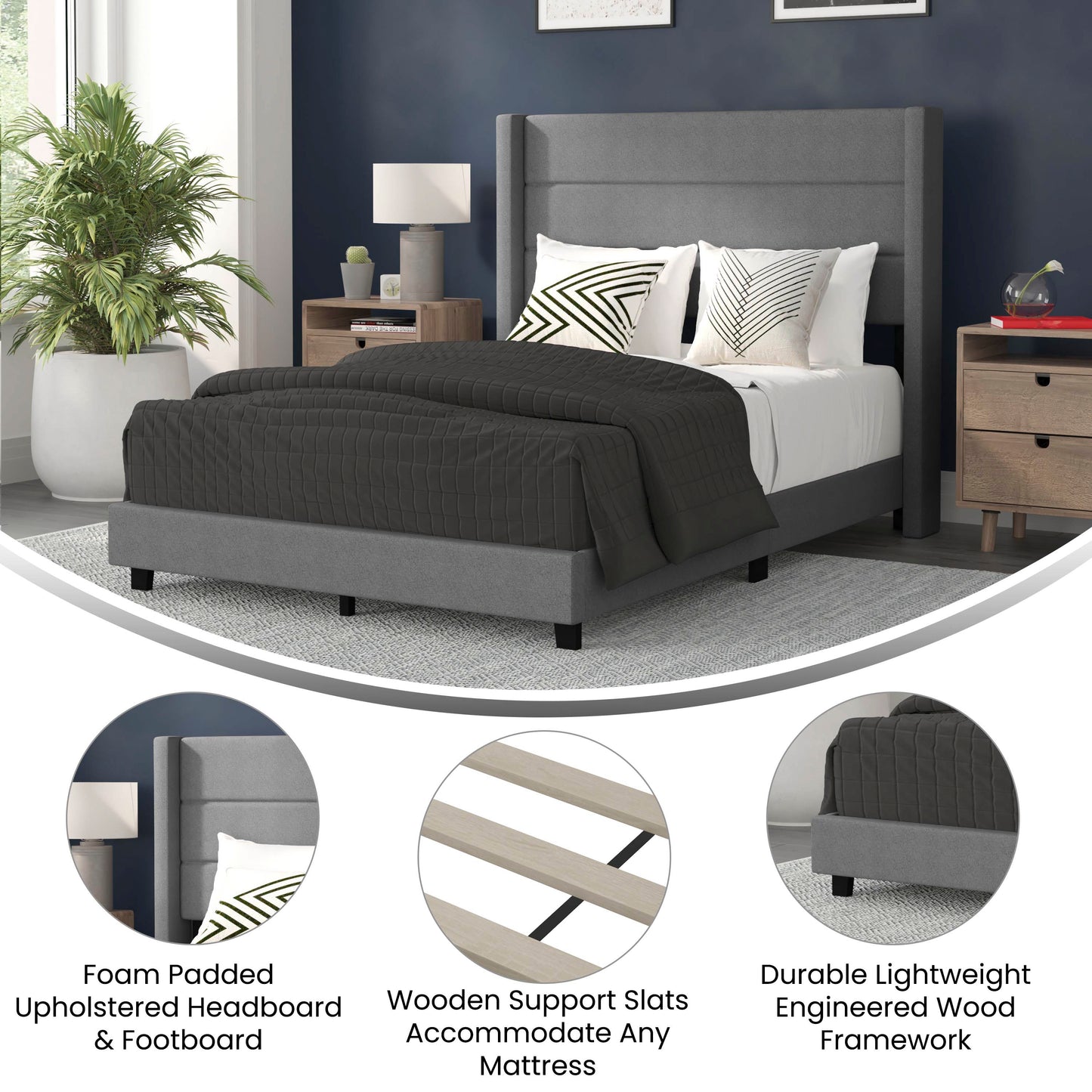 Hollis Full Upholstered Platform Bed with Wingback Headboard, Mattress Foundation with Slatted Supports, No Box Spring Needed, Gray Faux Linen Gray