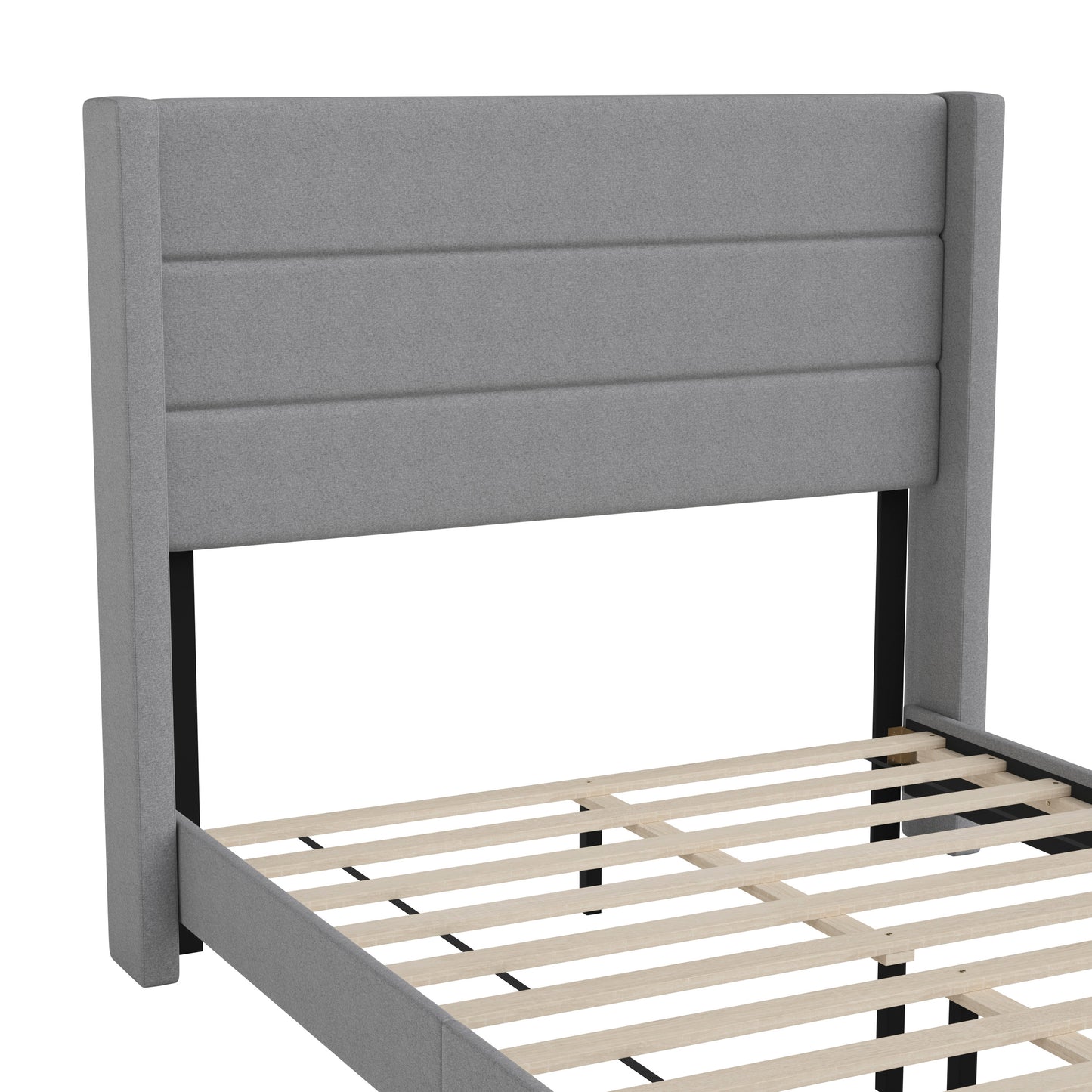 Hollis Full Upholstered Platform Bed with Wingback Headboard, Mattress Foundation with Slatted Supports, No Box Spring Needed, Gray Faux Linen Gray
