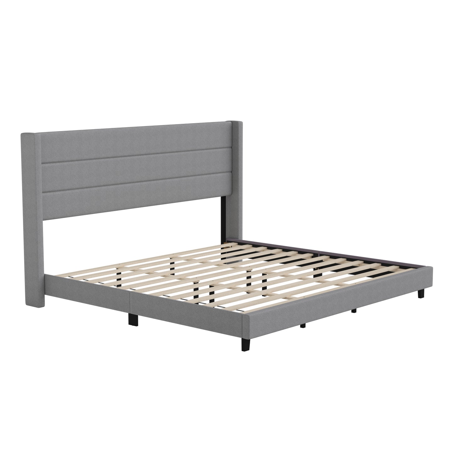 Hollis King Upholstered Platform Bed with Wingback Headboard, Mattress Foundation with Slatted Supports, No Box Spring Needed, Gray Faux Linen Gray