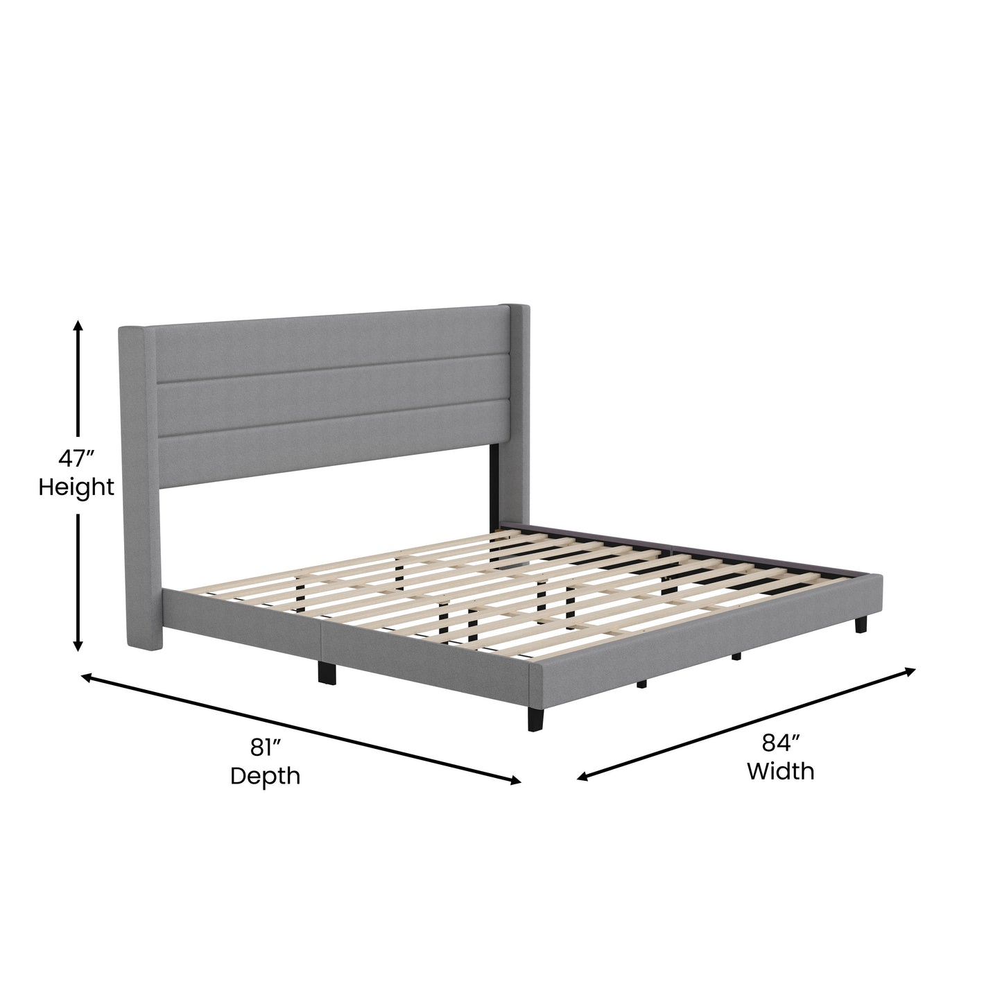 Hollis King Upholstered Platform Bed with Wingback Headboard, Mattress Foundation with Slatted Supports, No Box Spring Needed, Gray Faux Linen Gray