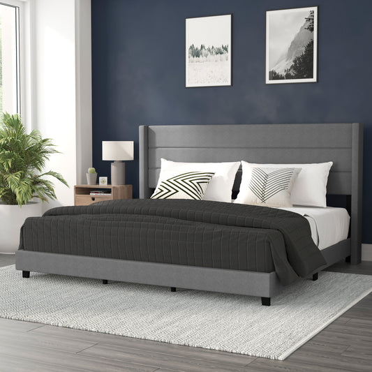 Hollis King Upholstered Platform Bed with Wingback Headboard, Mattress Foundation with Slatted Supports, No Box Spring Needed, Gray Faux Linen Gray