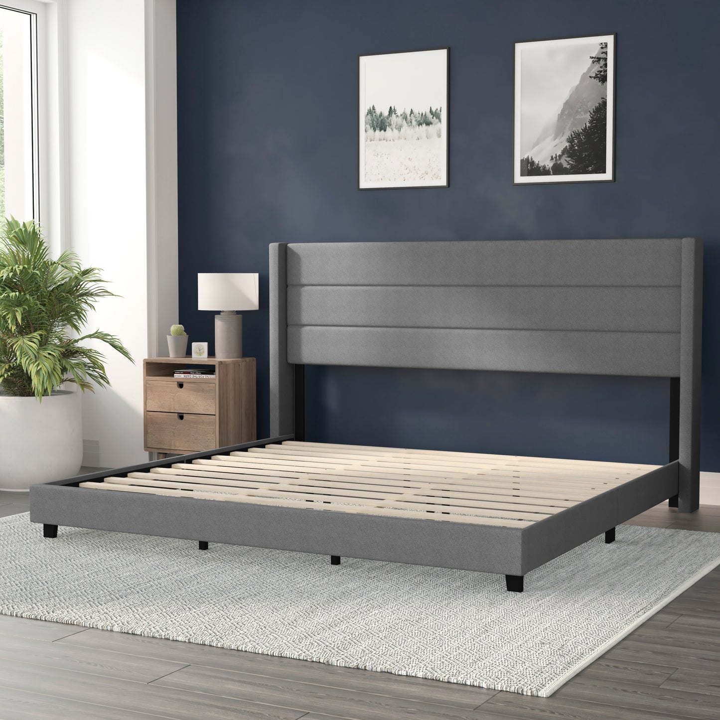 Hollis King Upholstered Platform Bed with Wingback Headboard, Mattress Foundation with Slatted Supports, No Box Spring Needed, Gray Faux Linen Gray