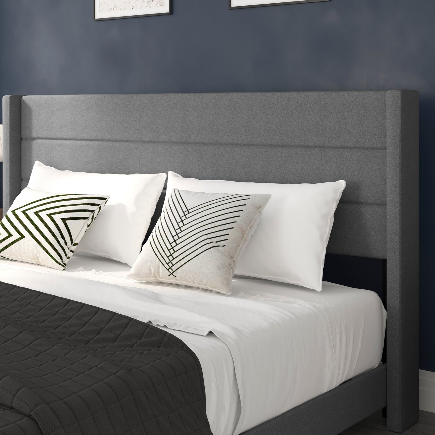 Hollis King Upholstered Platform Bed with Wingback Headboard, Mattress Foundation with Slatted Supports, No Box Spring Needed, Gray Faux Linen Gray