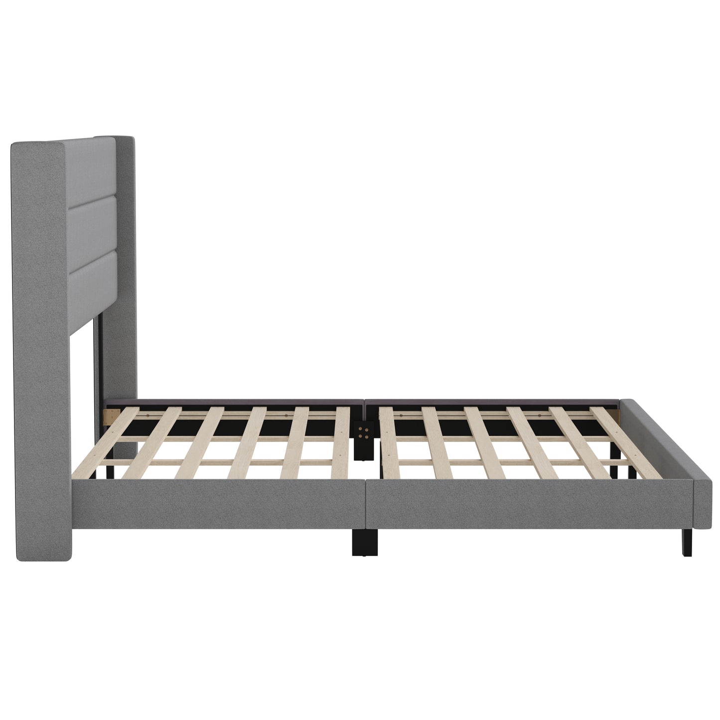 Hollis King Upholstered Platform Bed with Wingback Headboard, Mattress Foundation with Slatted Supports, No Box Spring Needed, Gray Faux Linen Gray