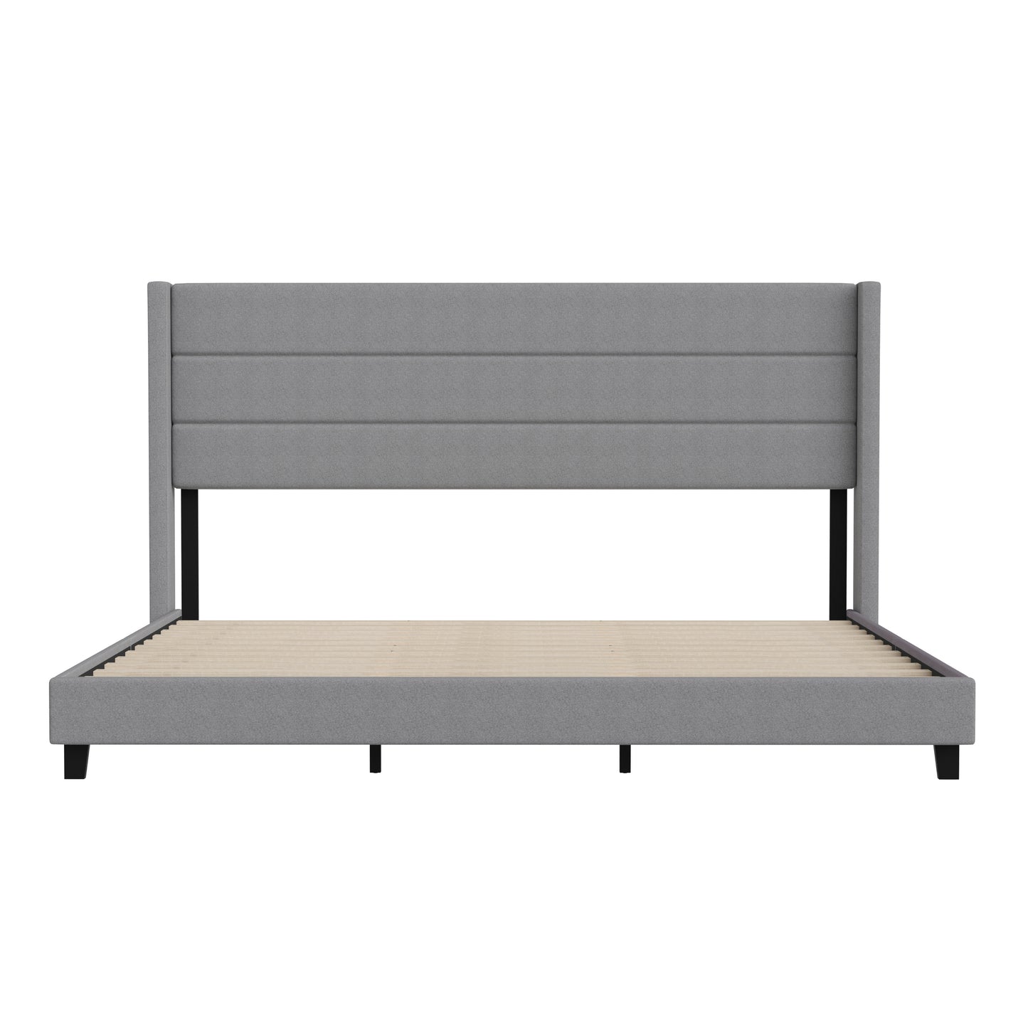 Hollis King Upholstered Platform Bed with Wingback Headboard, Mattress Foundation with Slatted Supports, No Box Spring Needed, Gray Faux Linen Gray