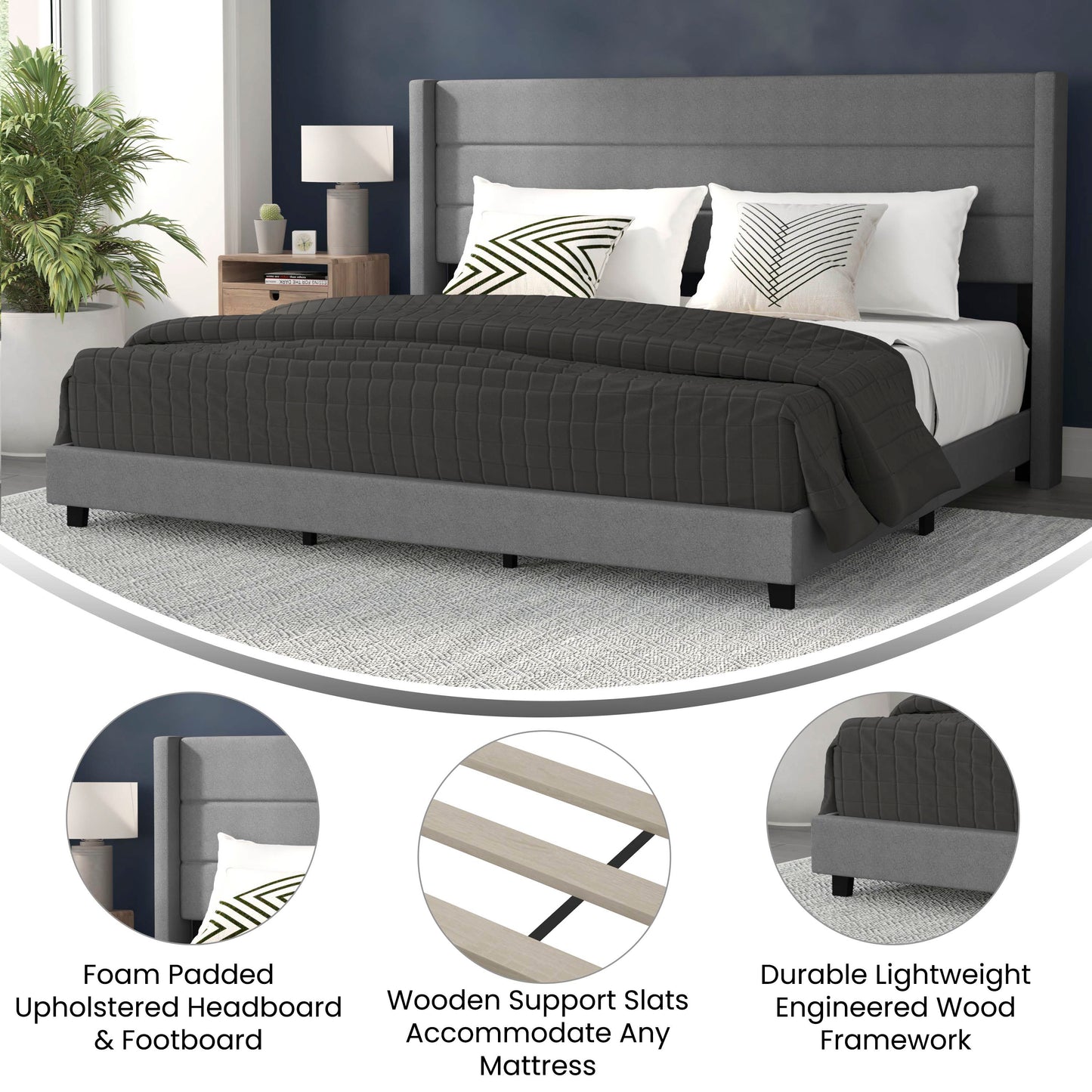 Hollis King Upholstered Platform Bed with Wingback Headboard, Mattress Foundation with Slatted Supports, No Box Spring Needed, Gray Faux Linen Gray
