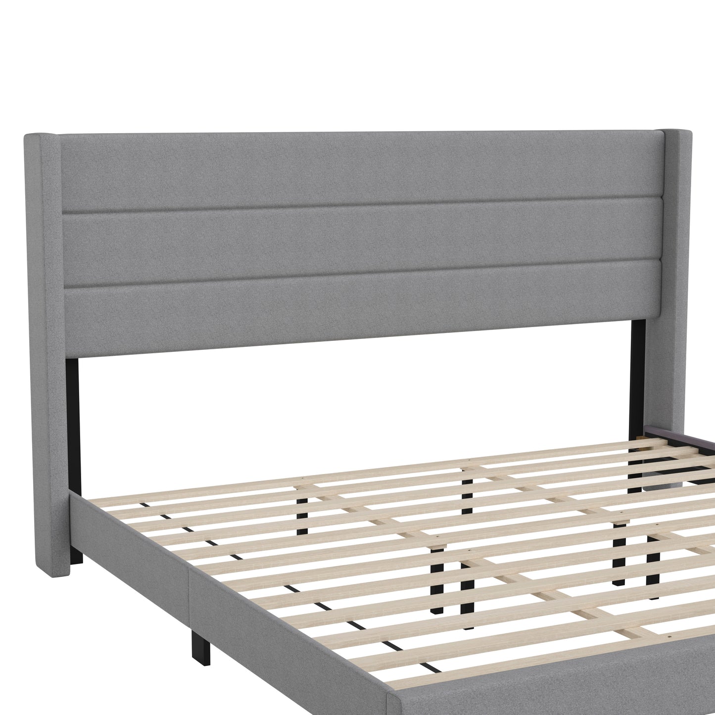 Hollis King Upholstered Platform Bed with Wingback Headboard, Mattress Foundation with Slatted Supports, No Box Spring Needed, Gray Faux Linen Gray