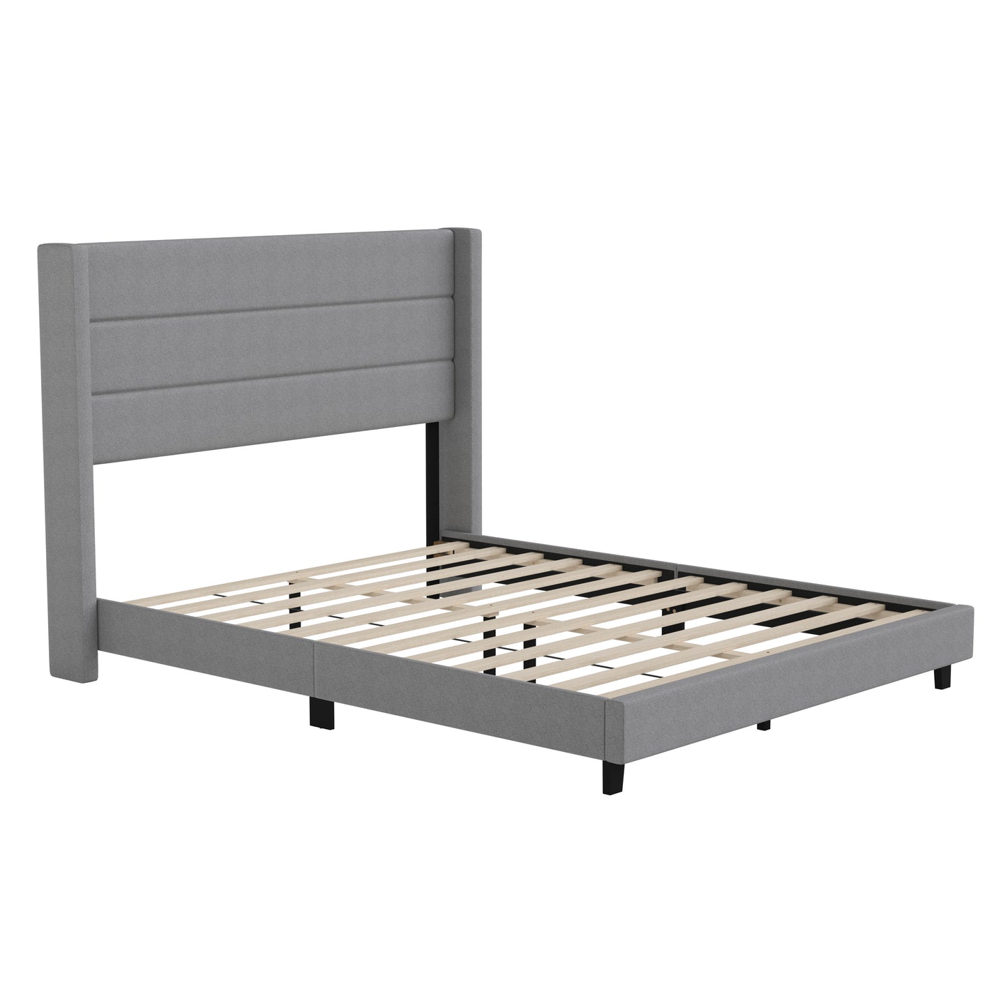 Hollis Queen Upholstered Platform Bed with Wingback Headboard, Mattress Foundation with Slatted Supports, No Box Spring Needed, Gray Faux Linen Gray