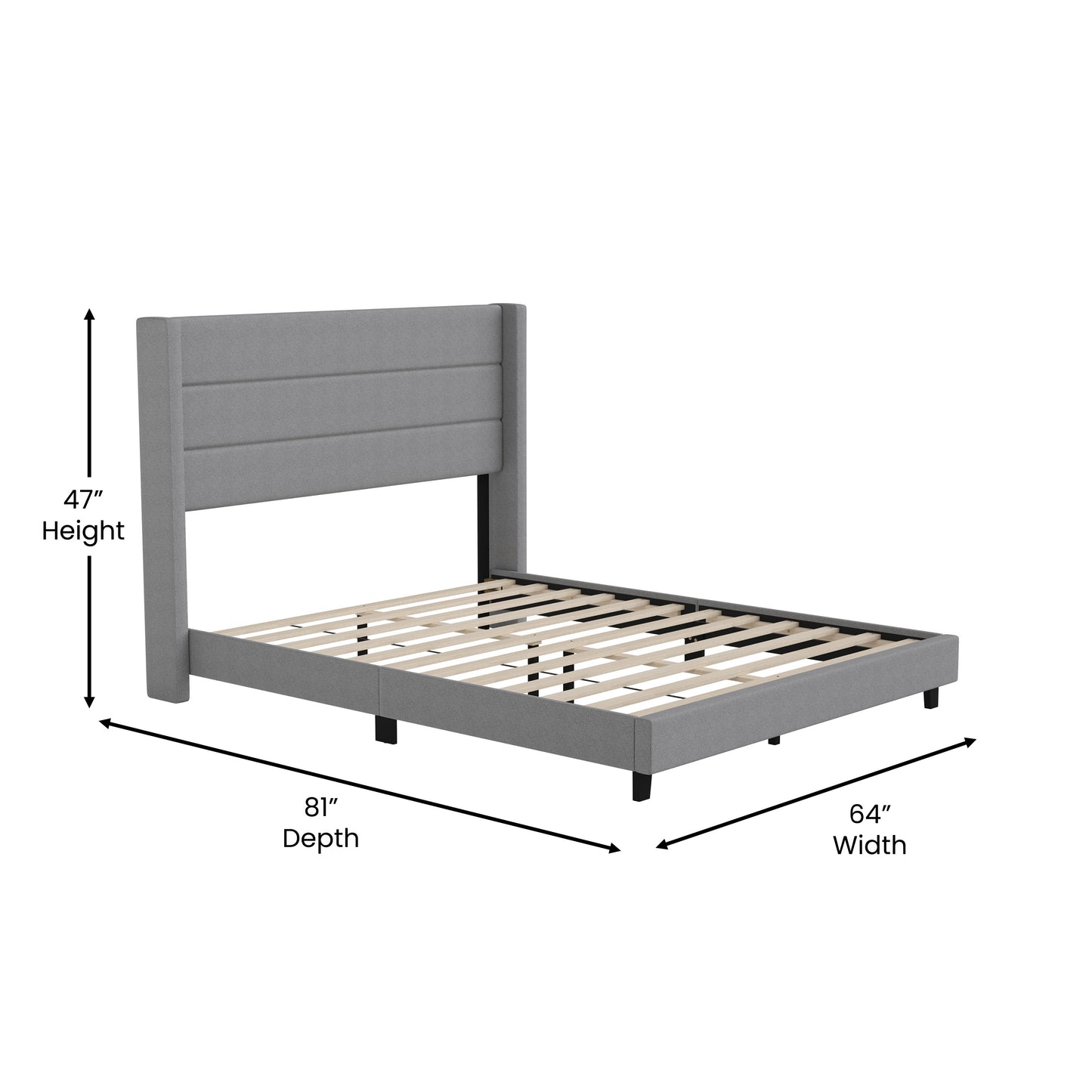 Hollis Queen Upholstered Platform Bed with Wingback Headboard, Mattress Foundation with Slatted Supports, No Box Spring Needed, Gray Faux Linen Gray