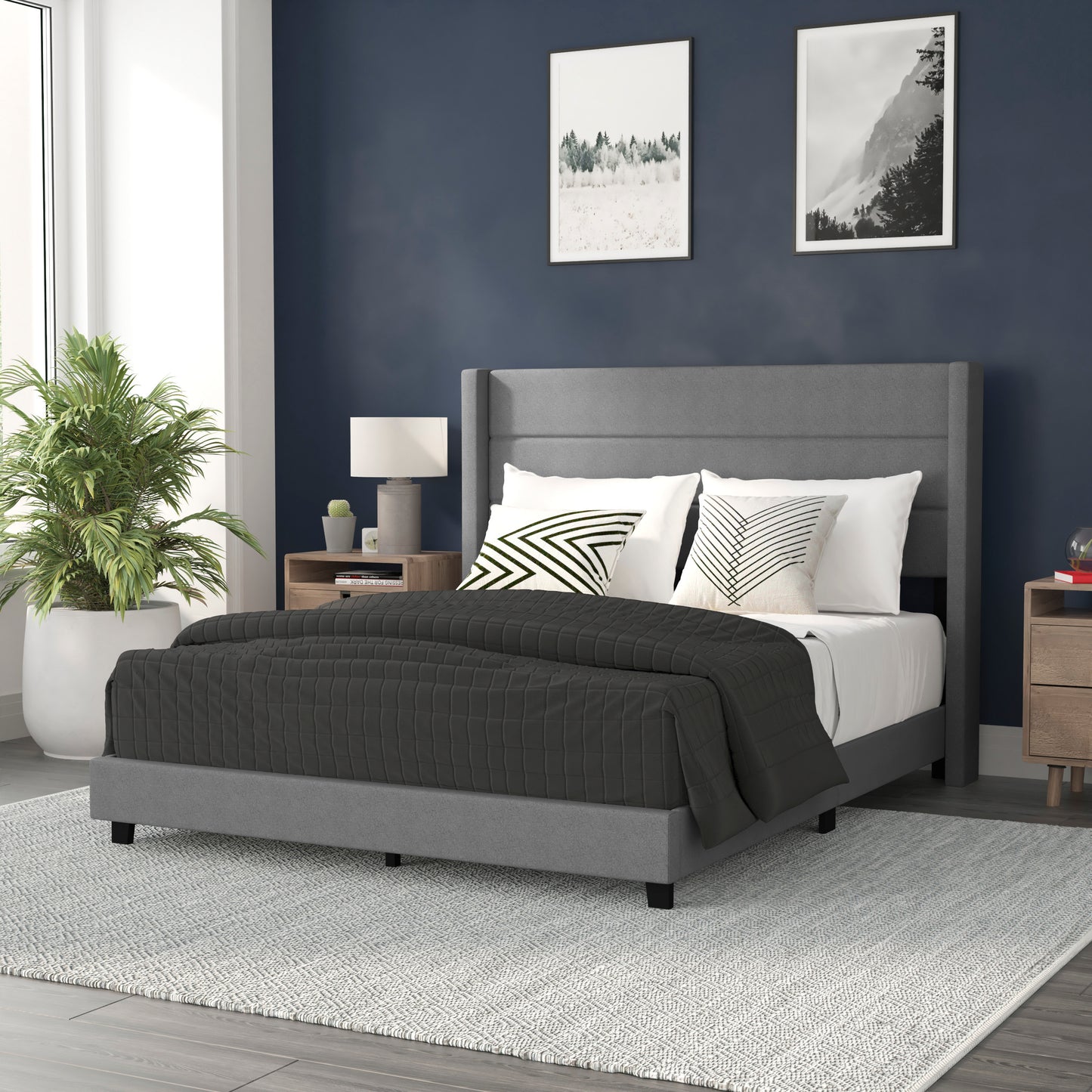 Hollis Queen Upholstered Platform Bed with Wingback Headboard, Mattress Foundation with Slatted Supports, No Box Spring Needed, Gray Faux Linen Gray