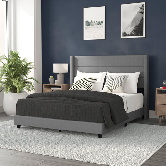 Hollis Queen Upholstered Platform Bed with Wingback Headboard, Mattress Foundation with Slatted Supports, No Box Spring Needed, Gray Faux Linen Gray