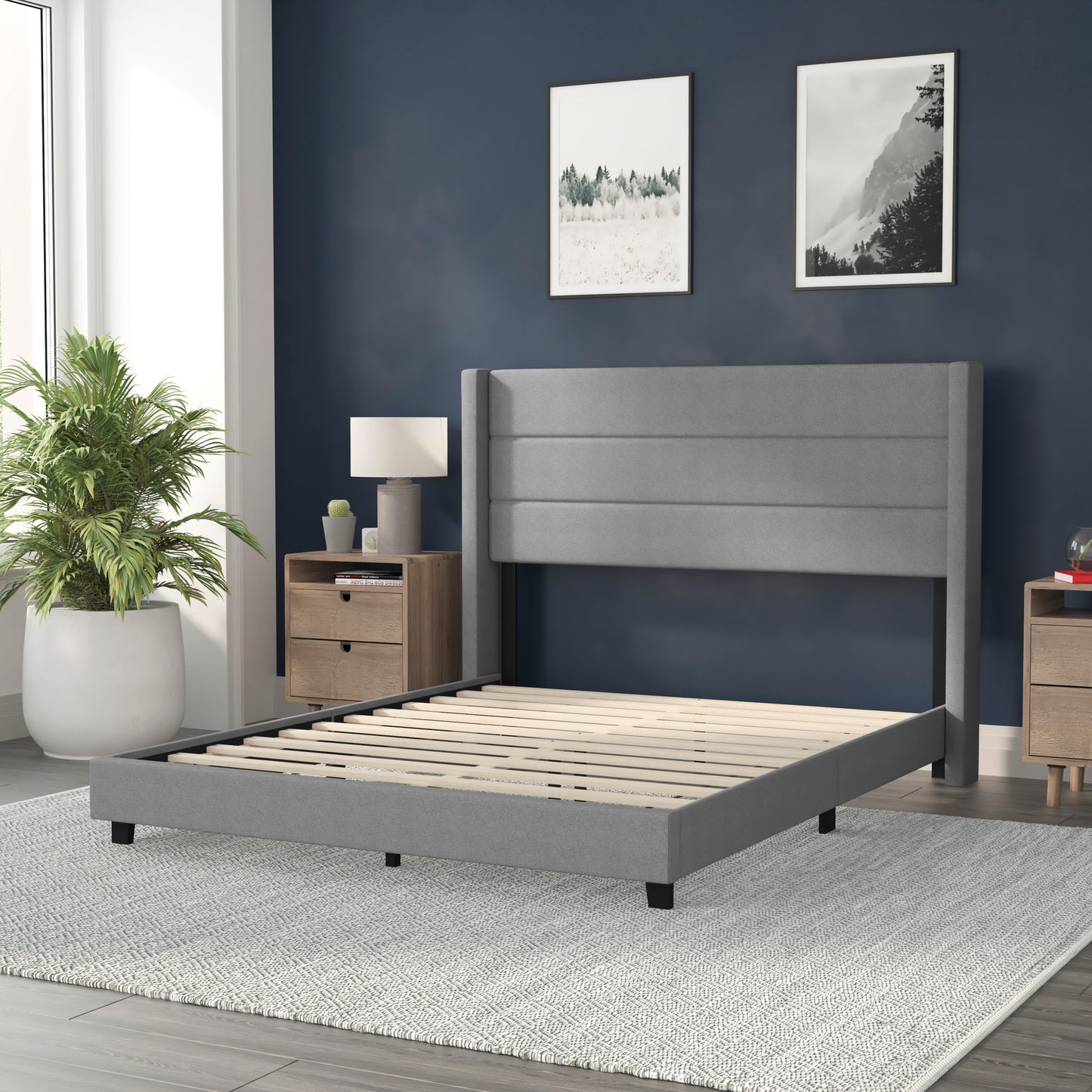 Hollis Queen Upholstered Platform Bed with Wingback Headboard, Mattress Foundation with Slatted Supports, No Box Spring Needed, Gray Faux Linen Gray