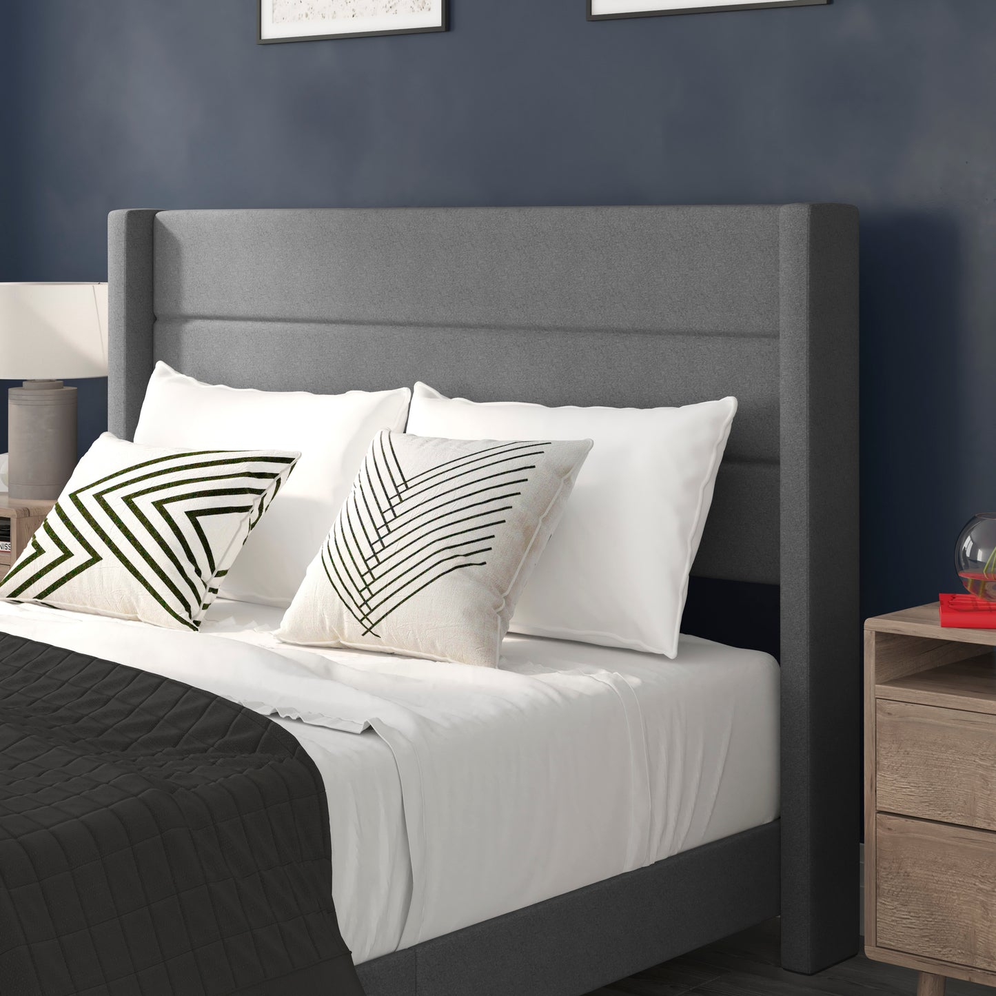 Hollis Queen Upholstered Platform Bed with Wingback Headboard, Mattress Foundation with Slatted Supports, No Box Spring Needed, Gray Faux Linen Gray