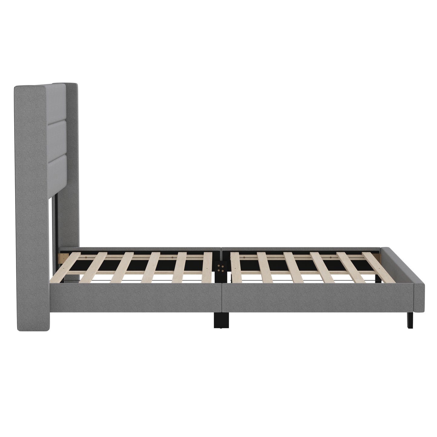 Hollis Queen Upholstered Platform Bed with Wingback Headboard, Mattress Foundation with Slatted Supports, No Box Spring Needed, Gray Faux Linen Gray