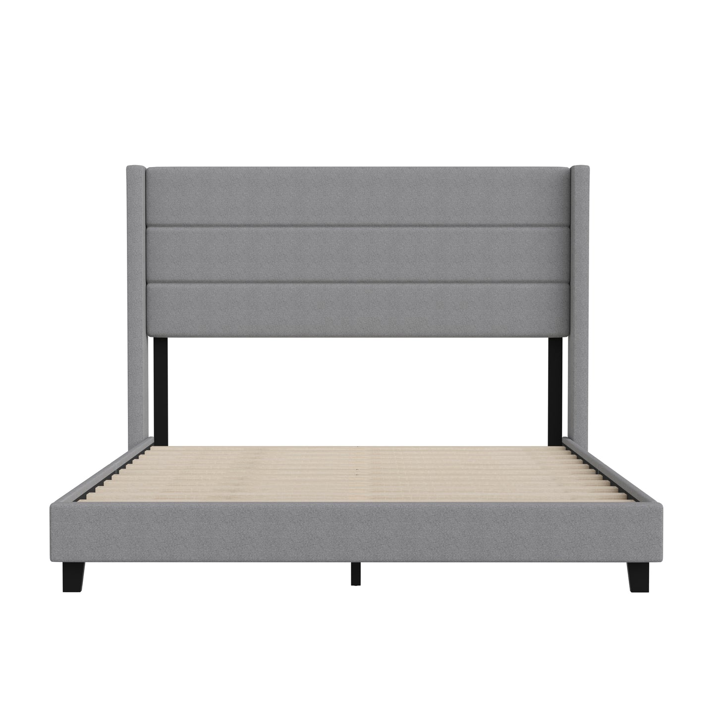 Hollis Queen Upholstered Platform Bed with Wingback Headboard, Mattress Foundation with Slatted Supports, No Box Spring Needed, Gray Faux Linen Gray